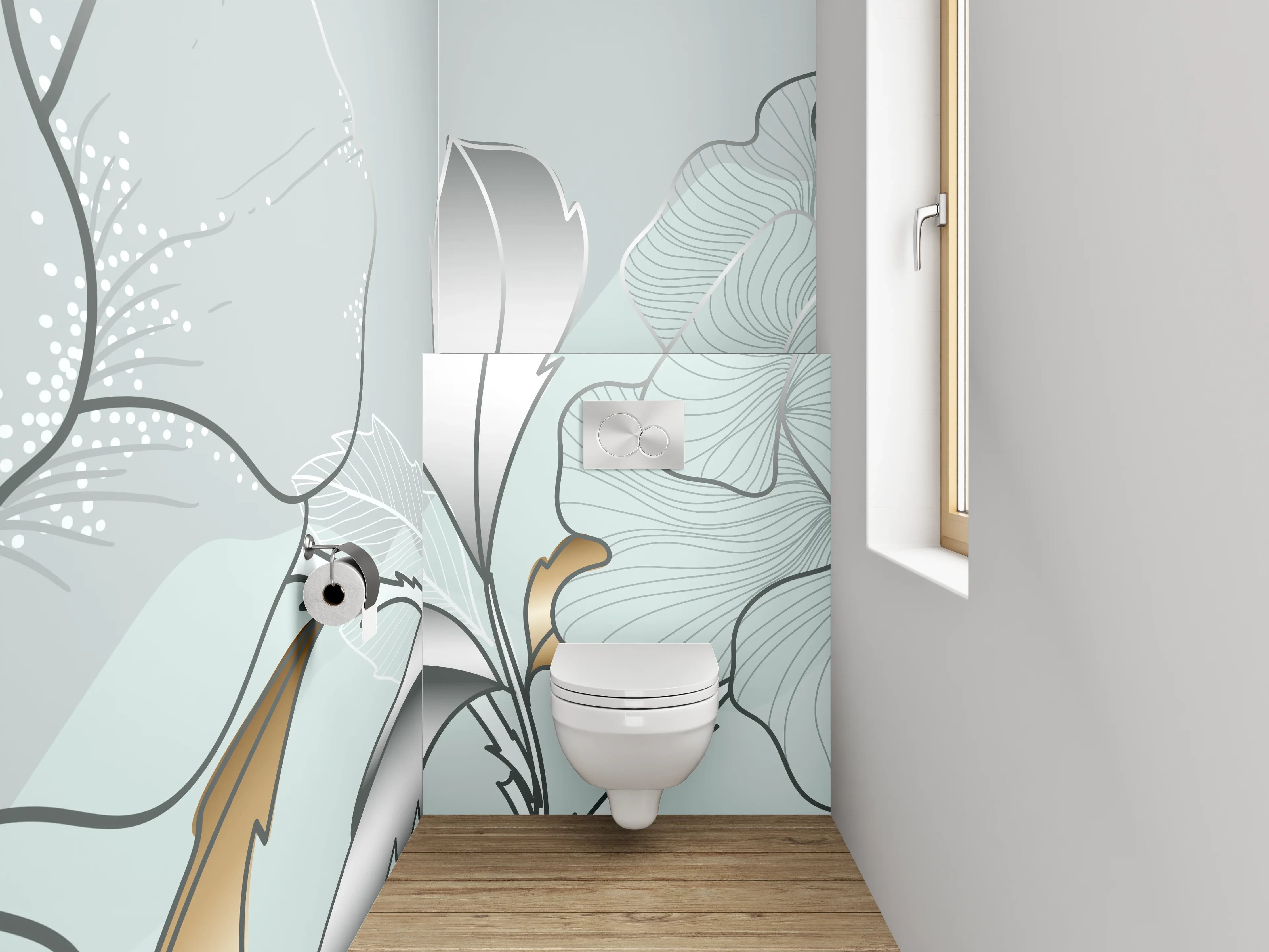 WC-Rückwand - Elegante Blumen-Lineart auf Metallic-Hintergrund