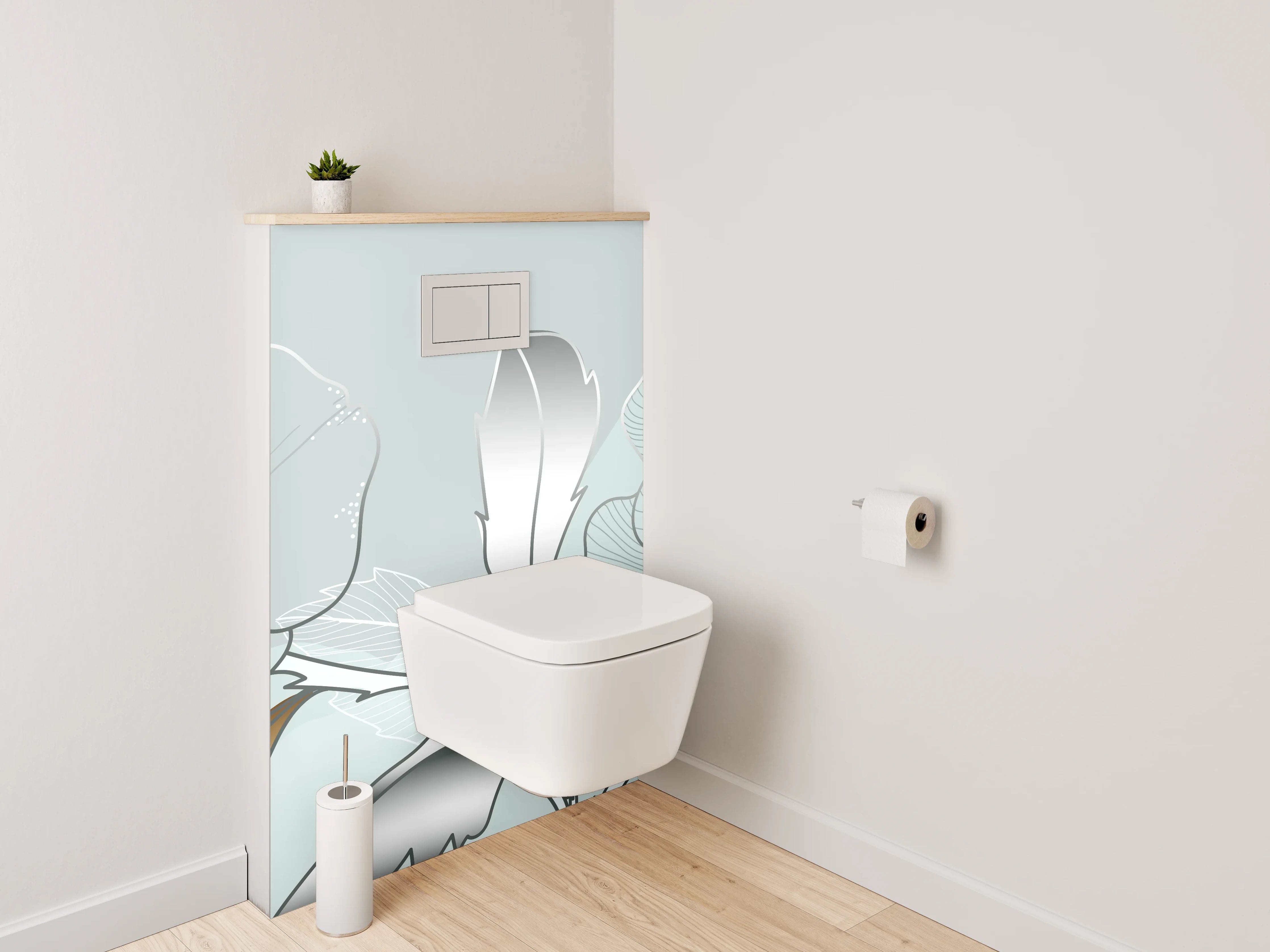 WC-Rückwand - Elegante Blumen-Lineart auf Metallic-Hintergrund