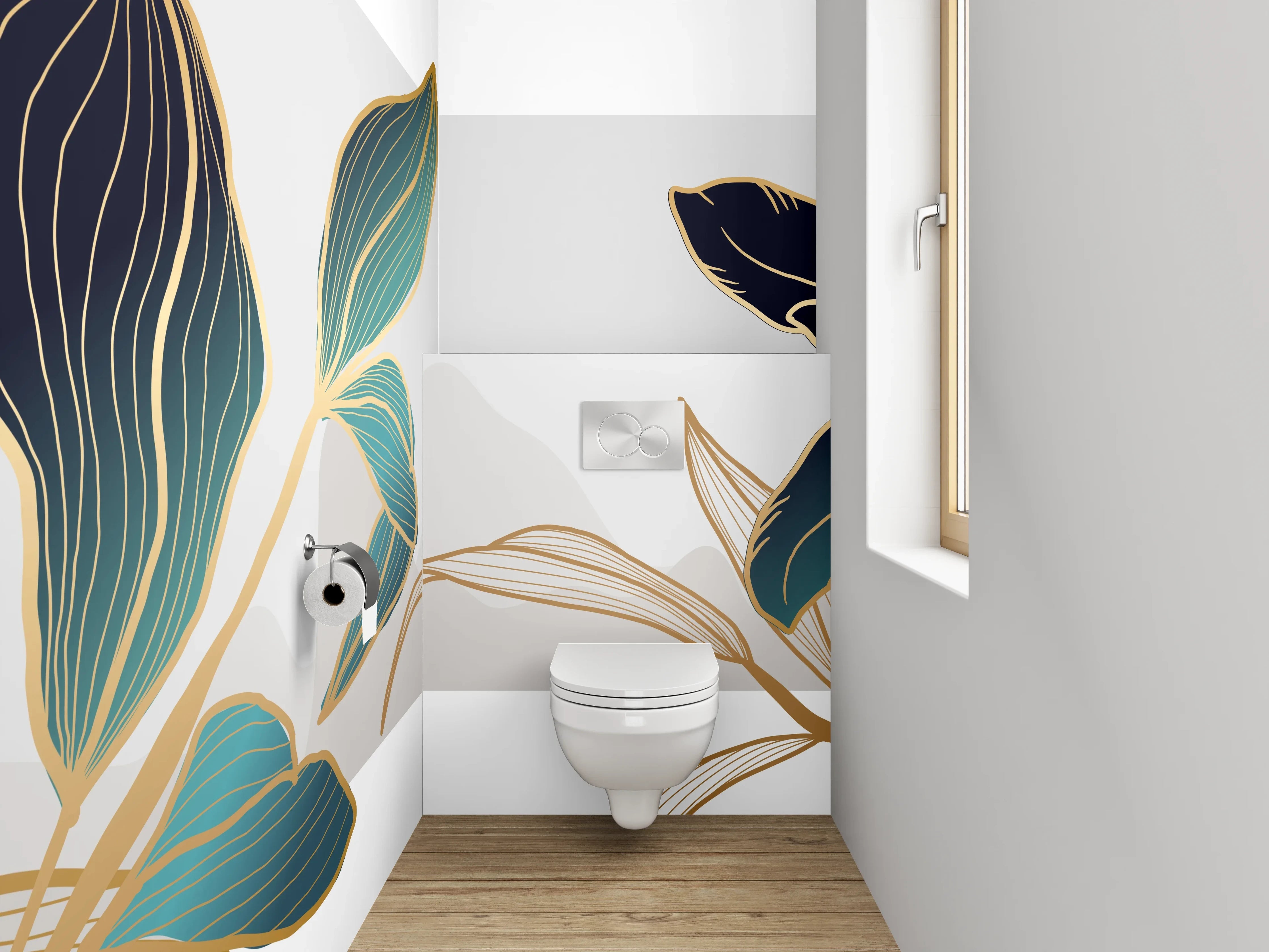 WC-Rückwand - Elegante Blumen Zeichnung Gold Akzent