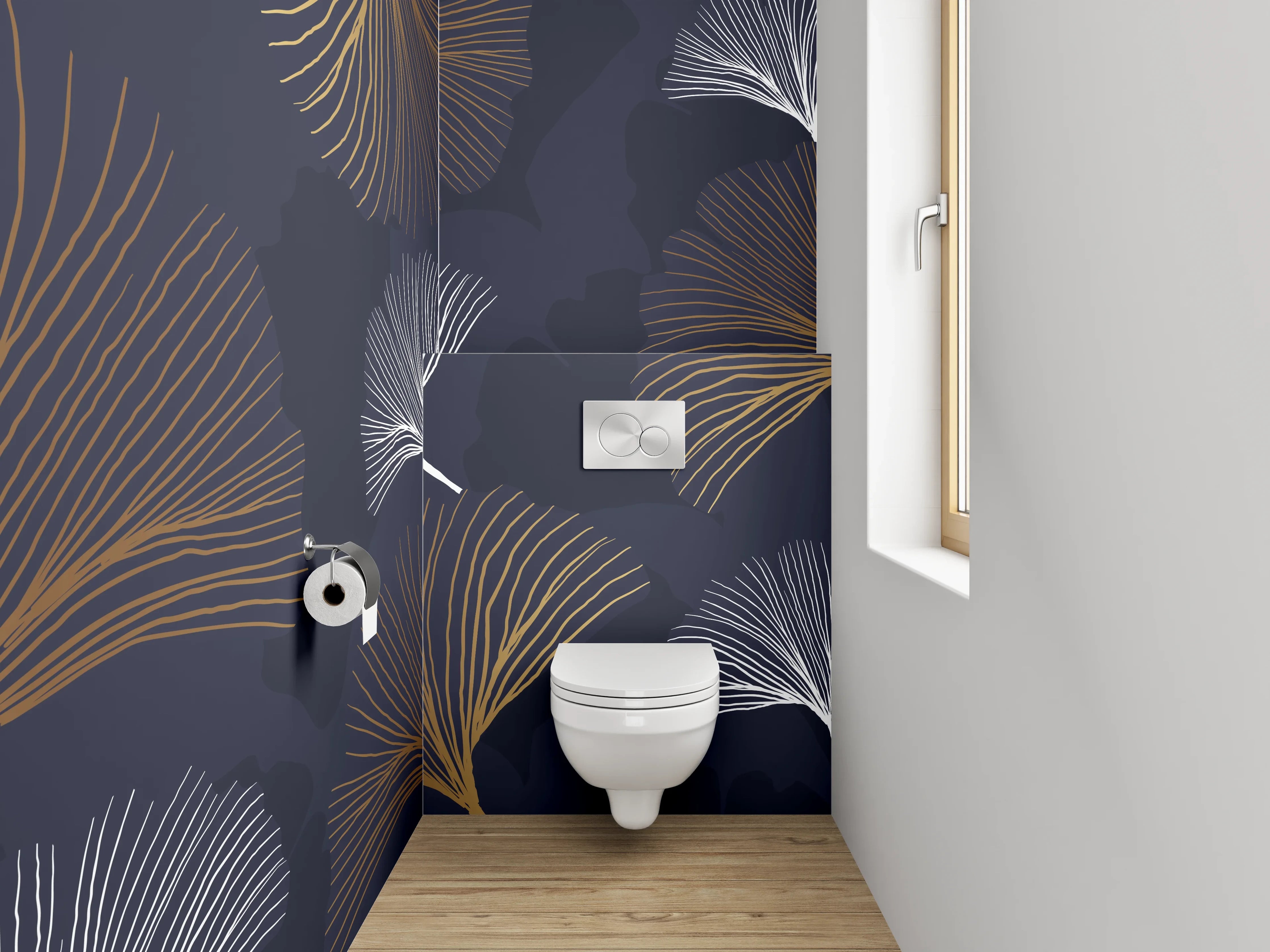 WC-Rückwand - Elegante Ginkgo-Blätter auf Dunkelblau