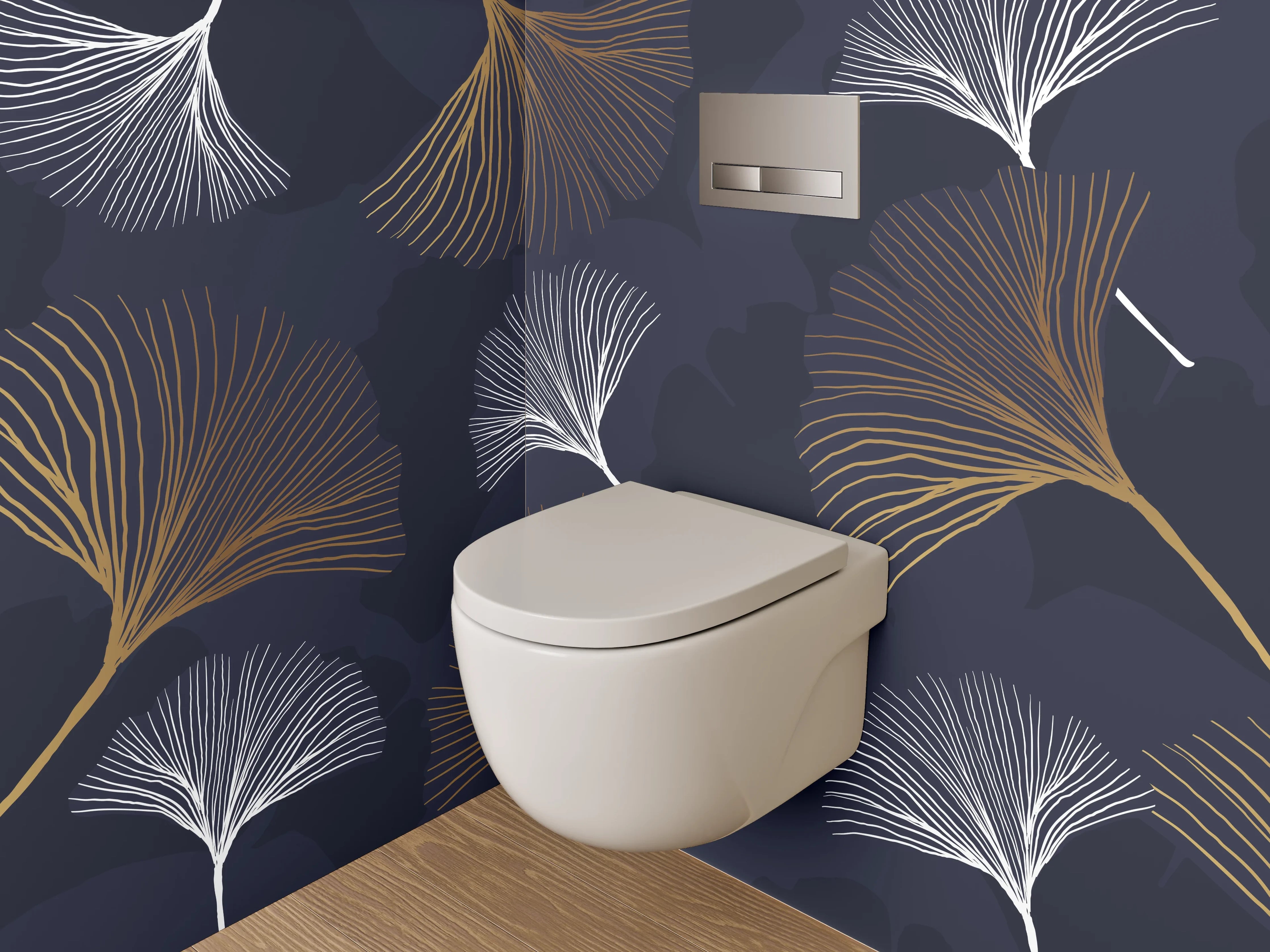 WC-Rückwand - Elegante Ginkgo-Blätter auf Dunkelblau