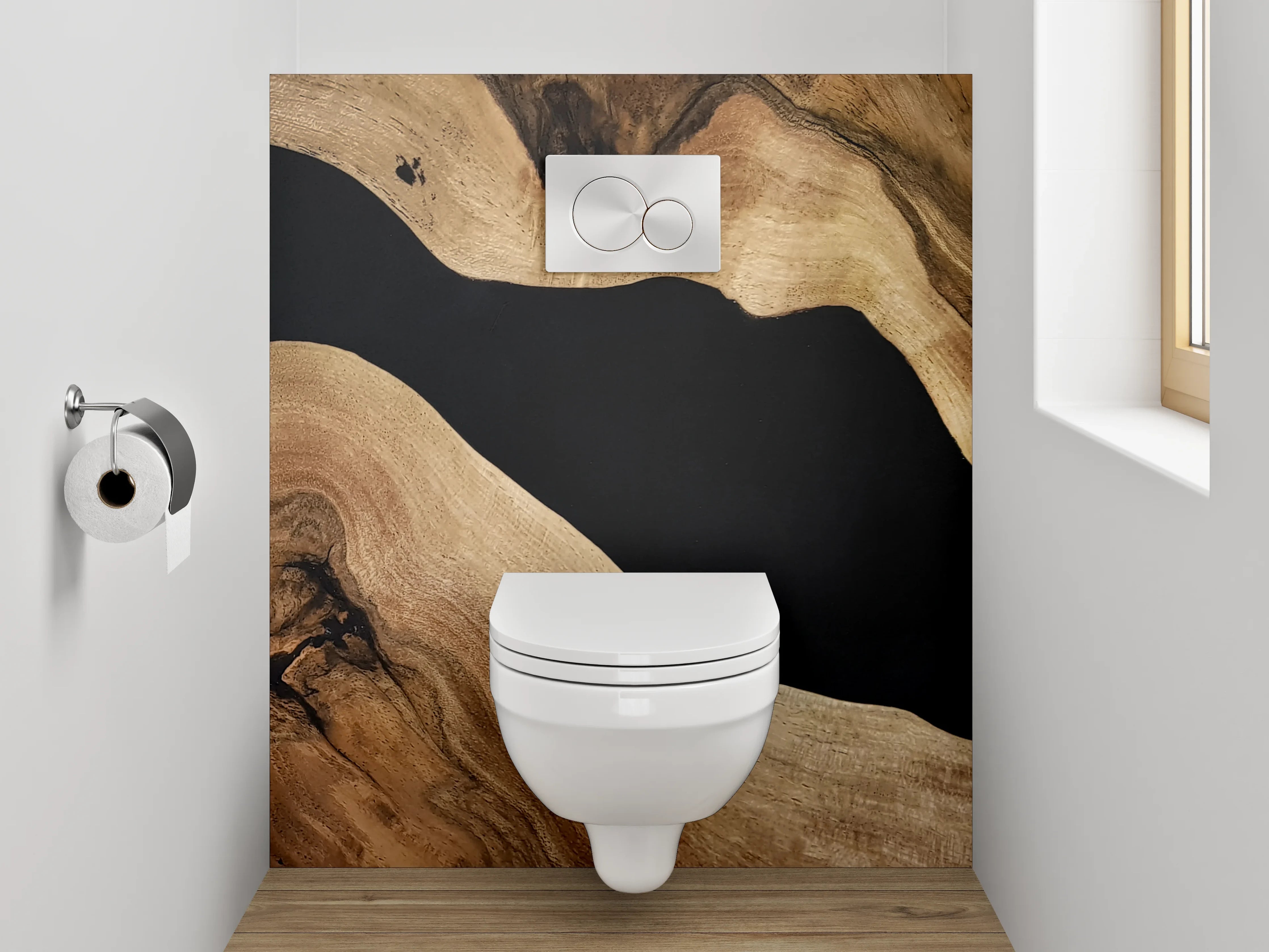 WC-Rückwand - Elegante Holzstruktur trifft Schwarz