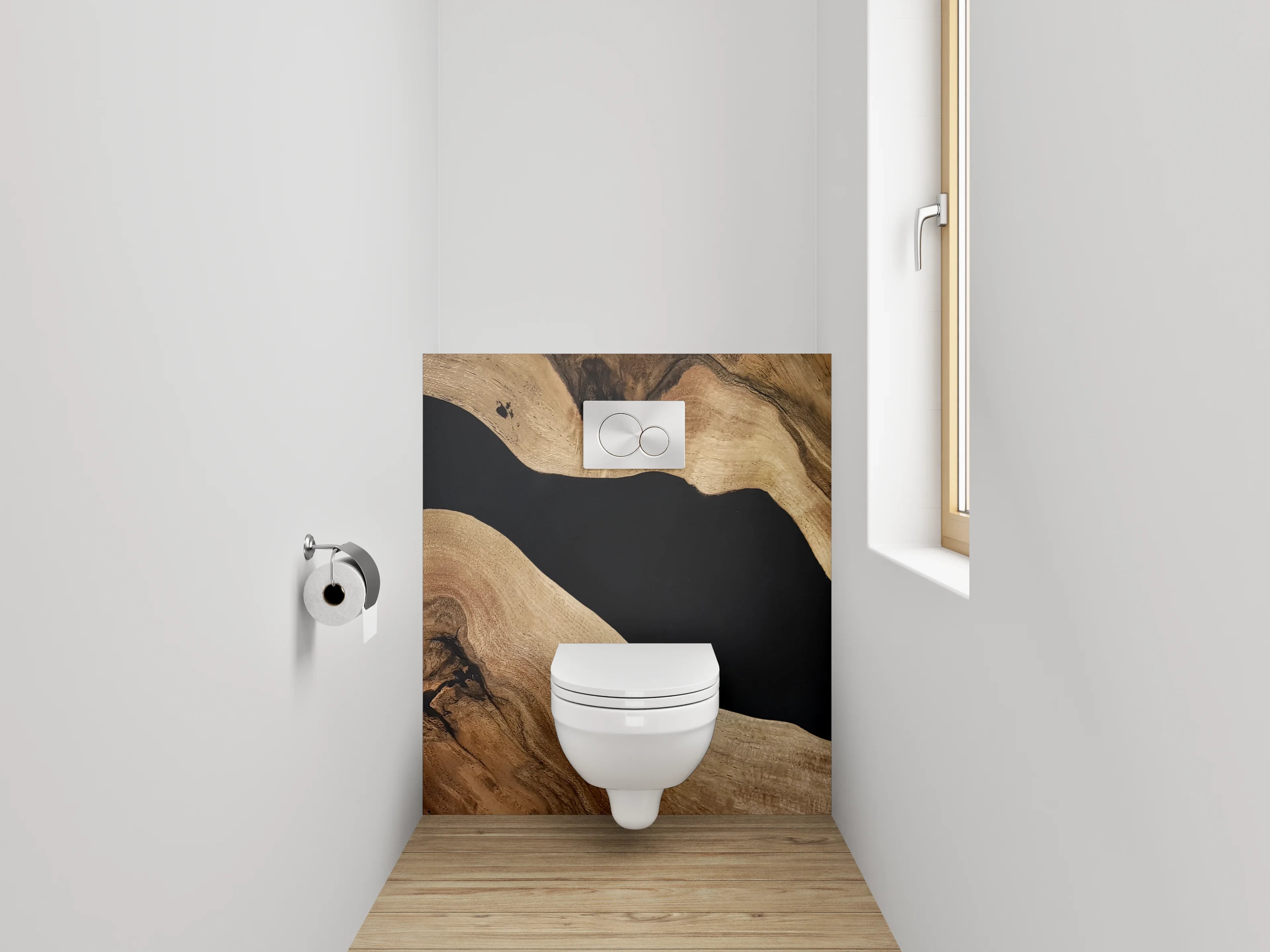 WC-Rückwand - Elegante Holzstruktur trifft Schwarz