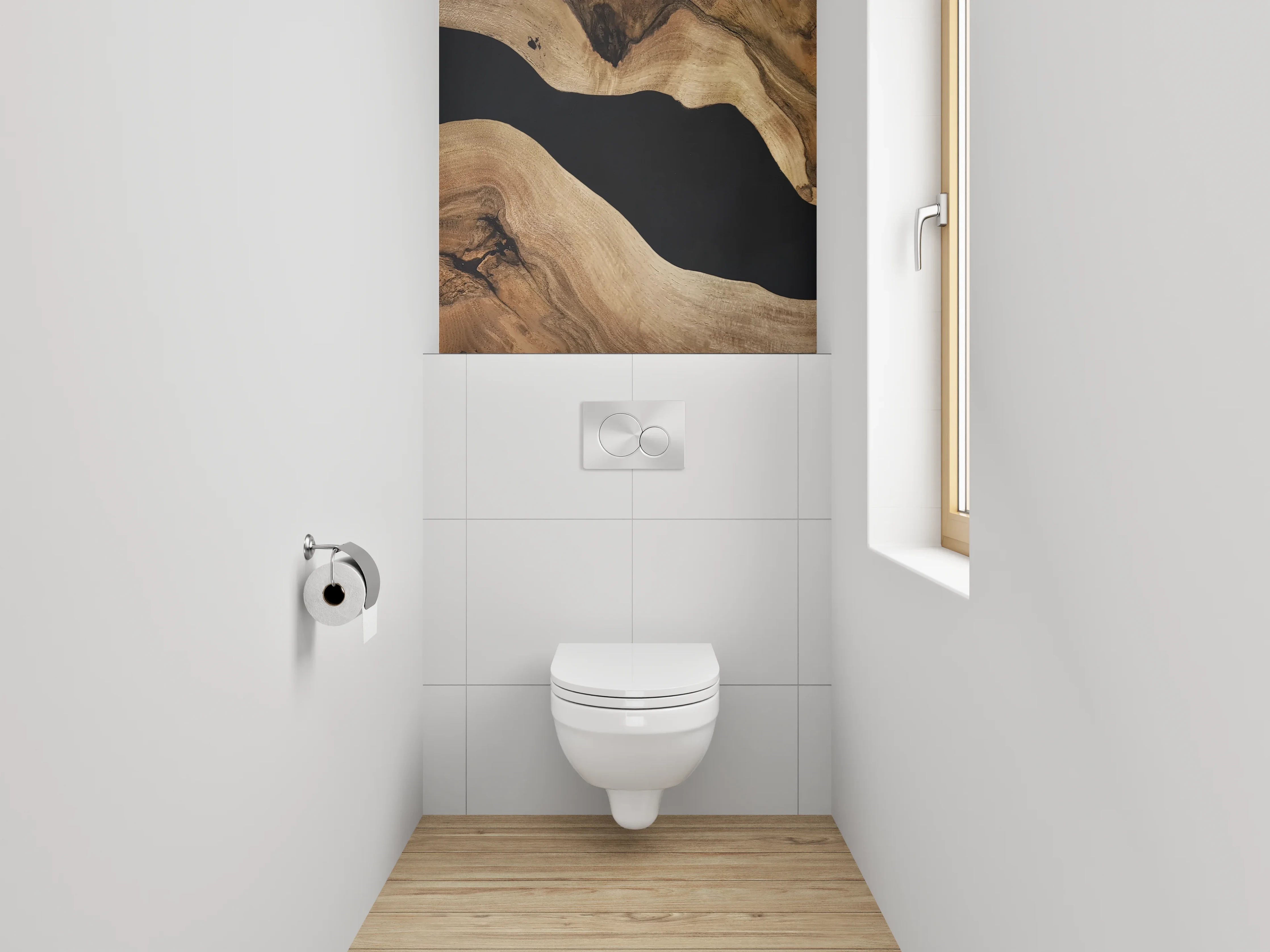 WC-Rückwand - Elegante Holzstruktur trifft Schwarz