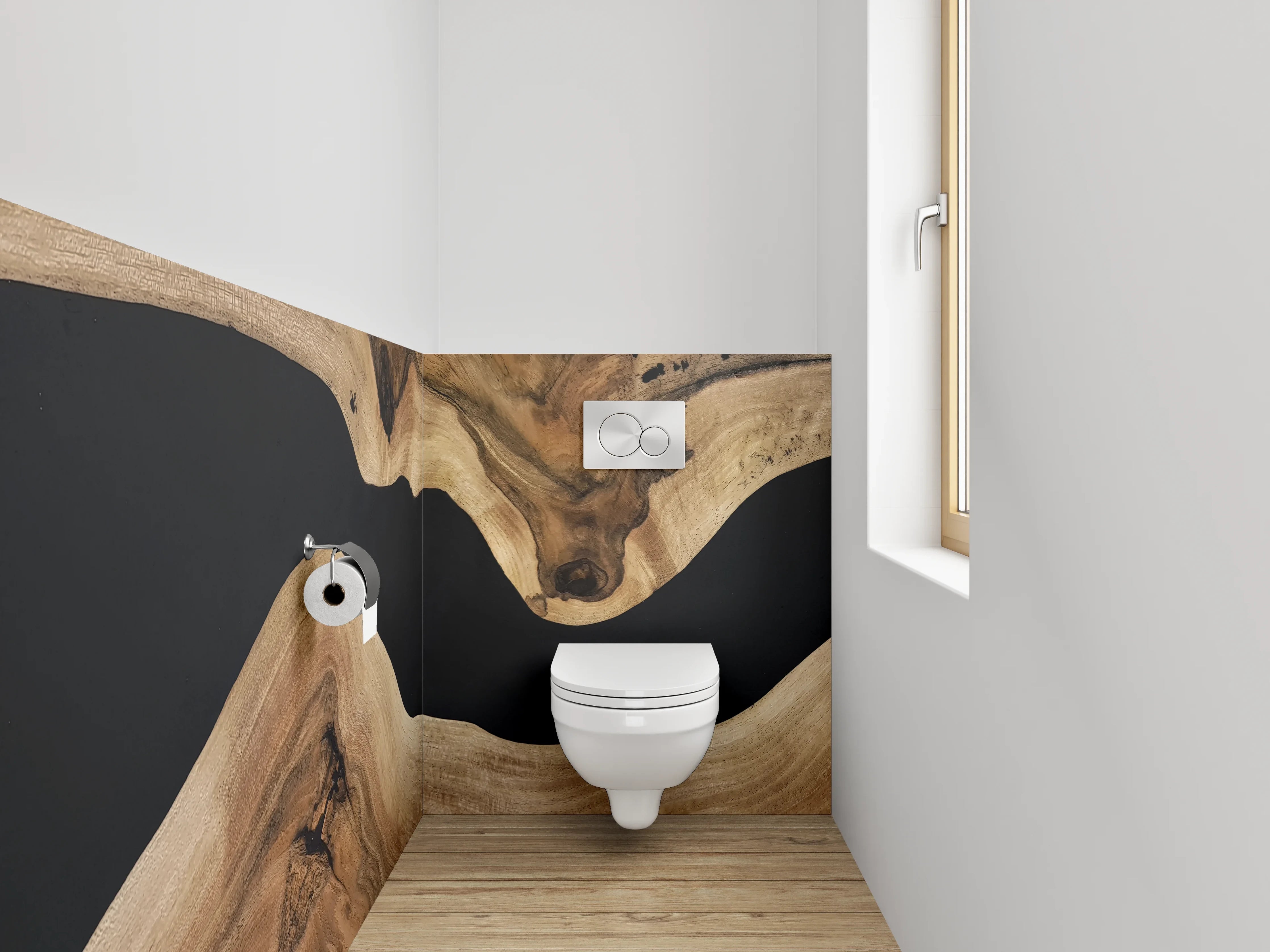 WC-Rückwand - Elegante Holzstruktur trifft Schwarz