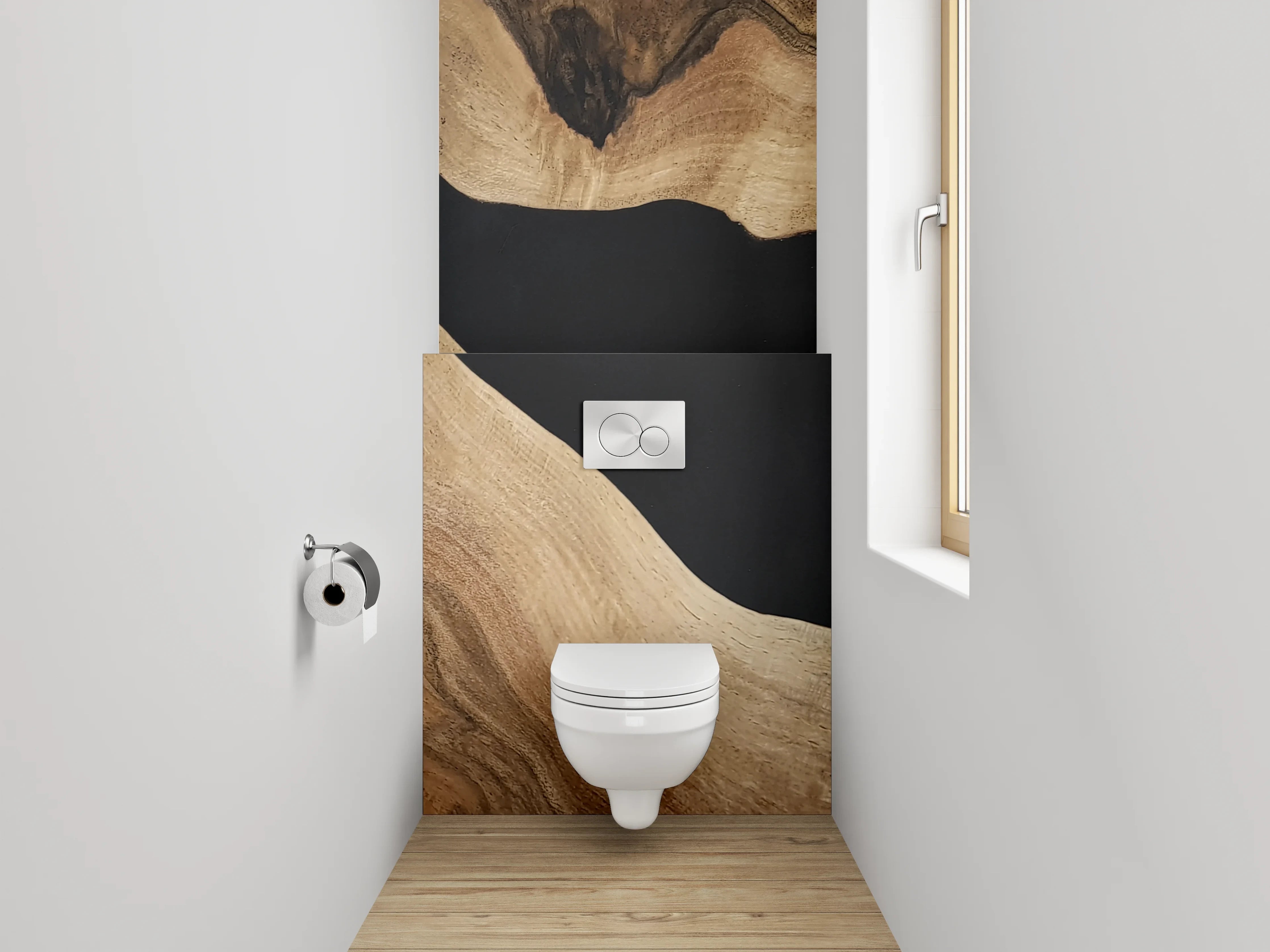 WC-Rückwand - Elegante Holzstruktur trifft Schwarz