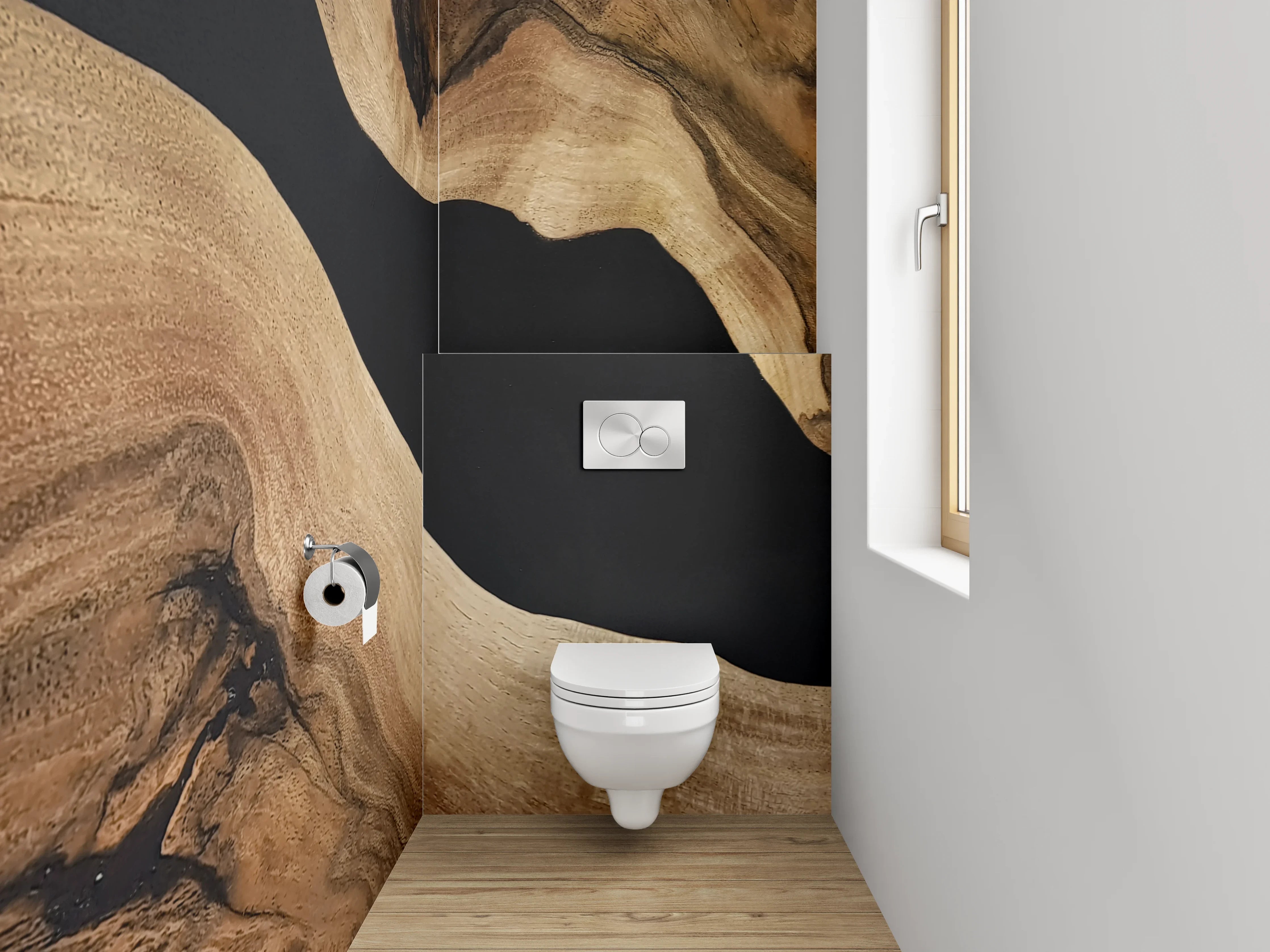 WC-Rückwand - Elegante Holzstruktur trifft Schwarz