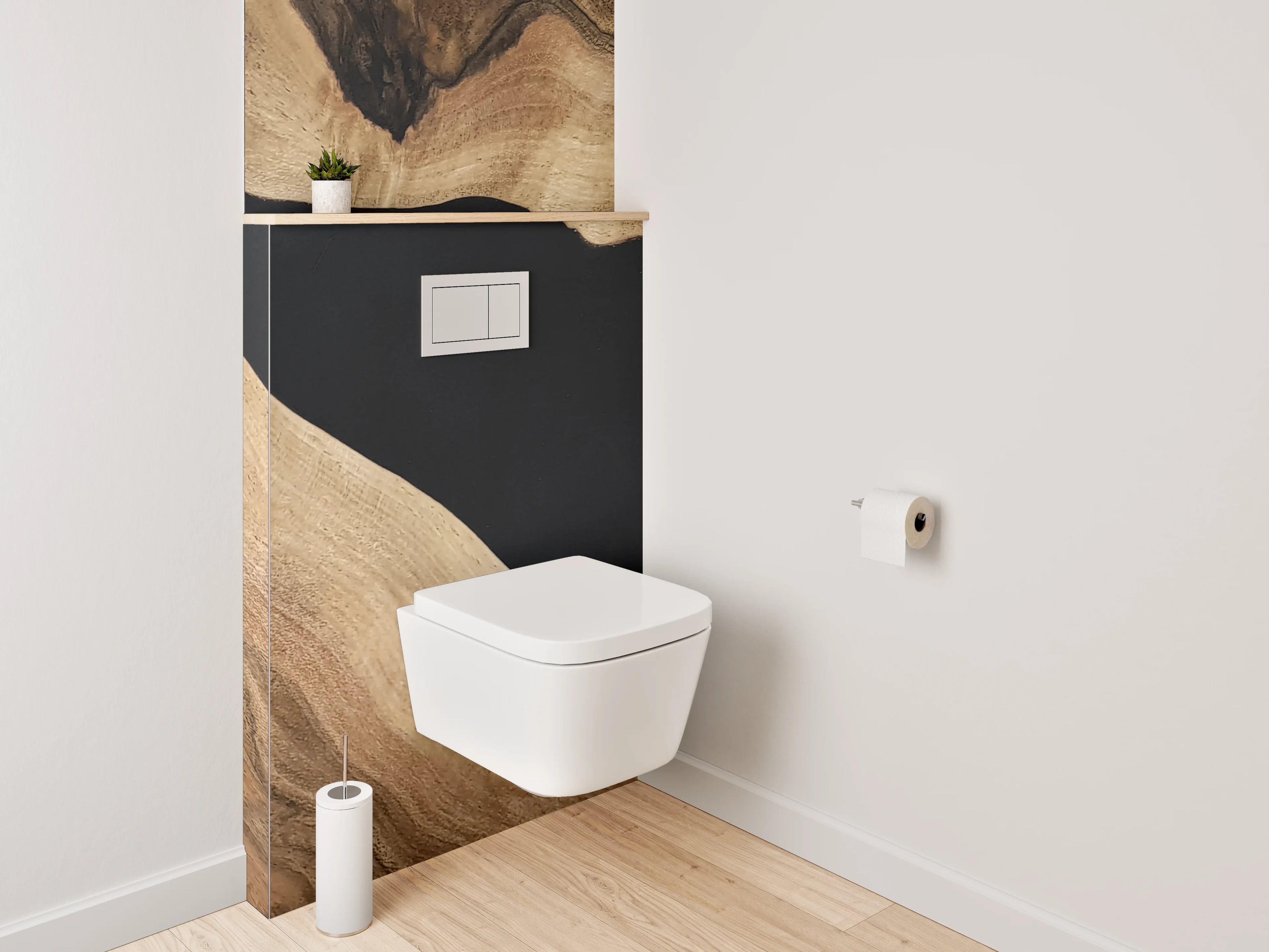 WC-Rückwand - Elegante Holzstruktur trifft Schwarz