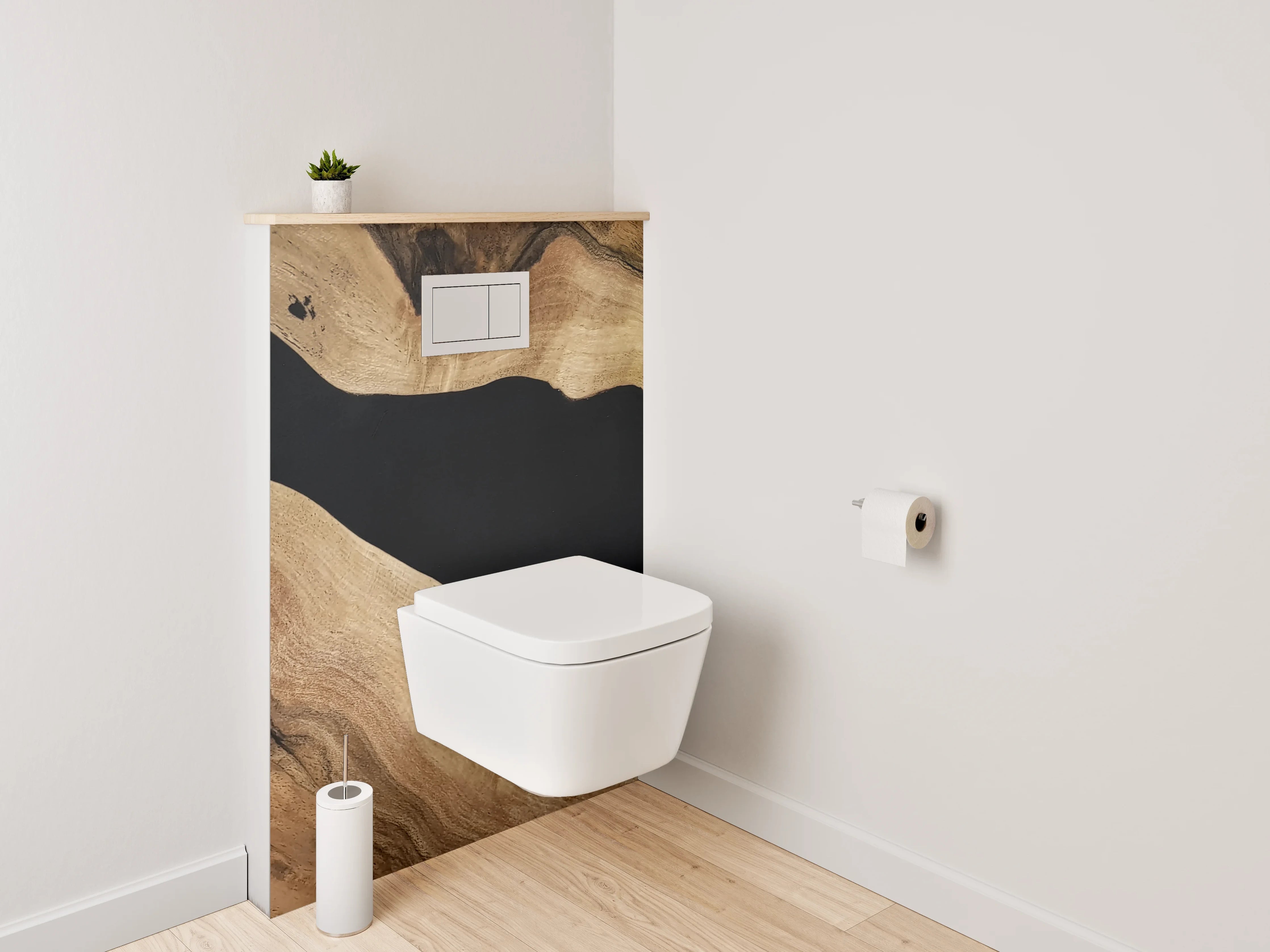 WC-Rückwand - Elegante Holzstruktur trifft Schwarz