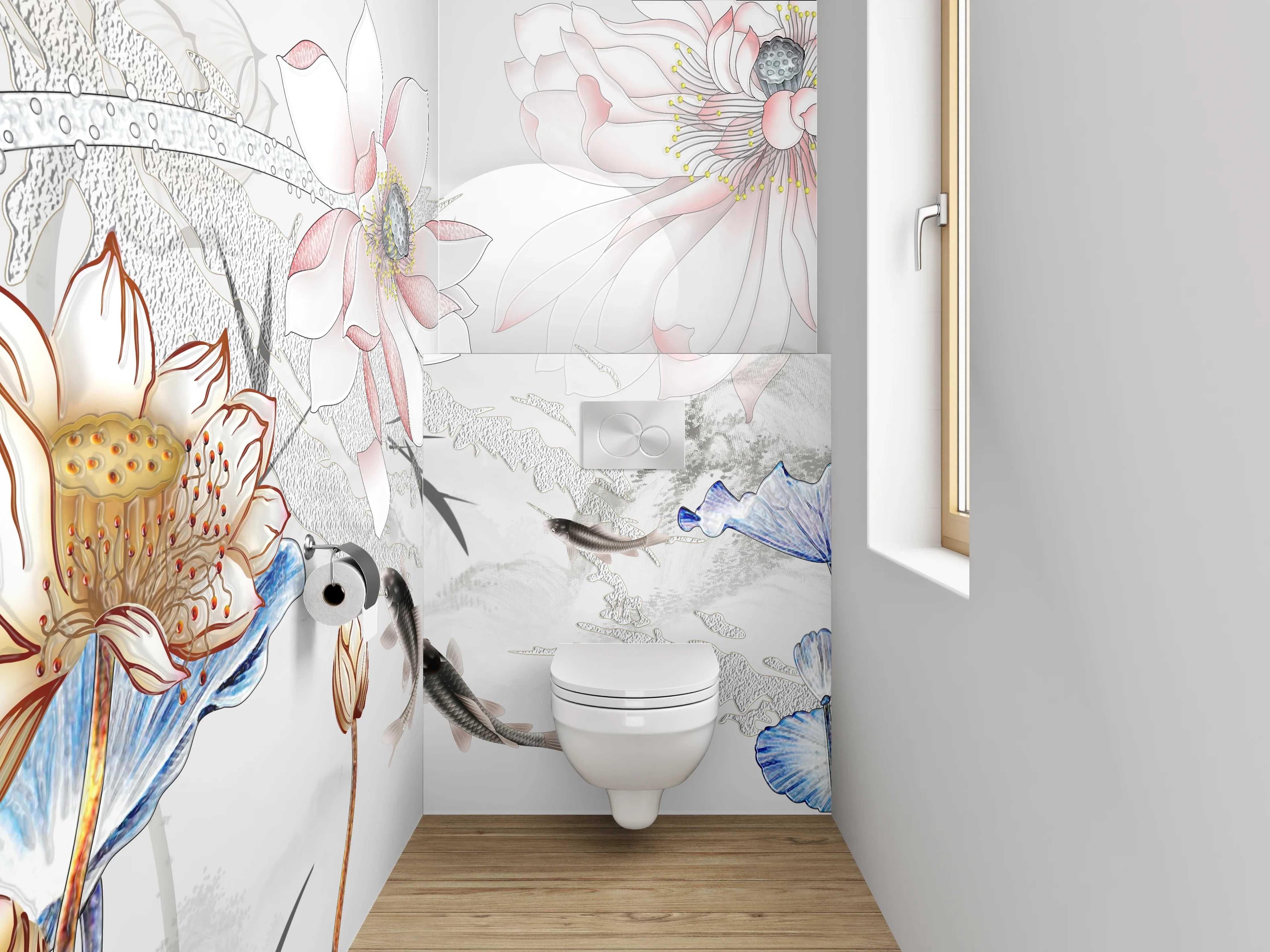 WC-Rückwand - Elegante Koi und Lotus Aquarell