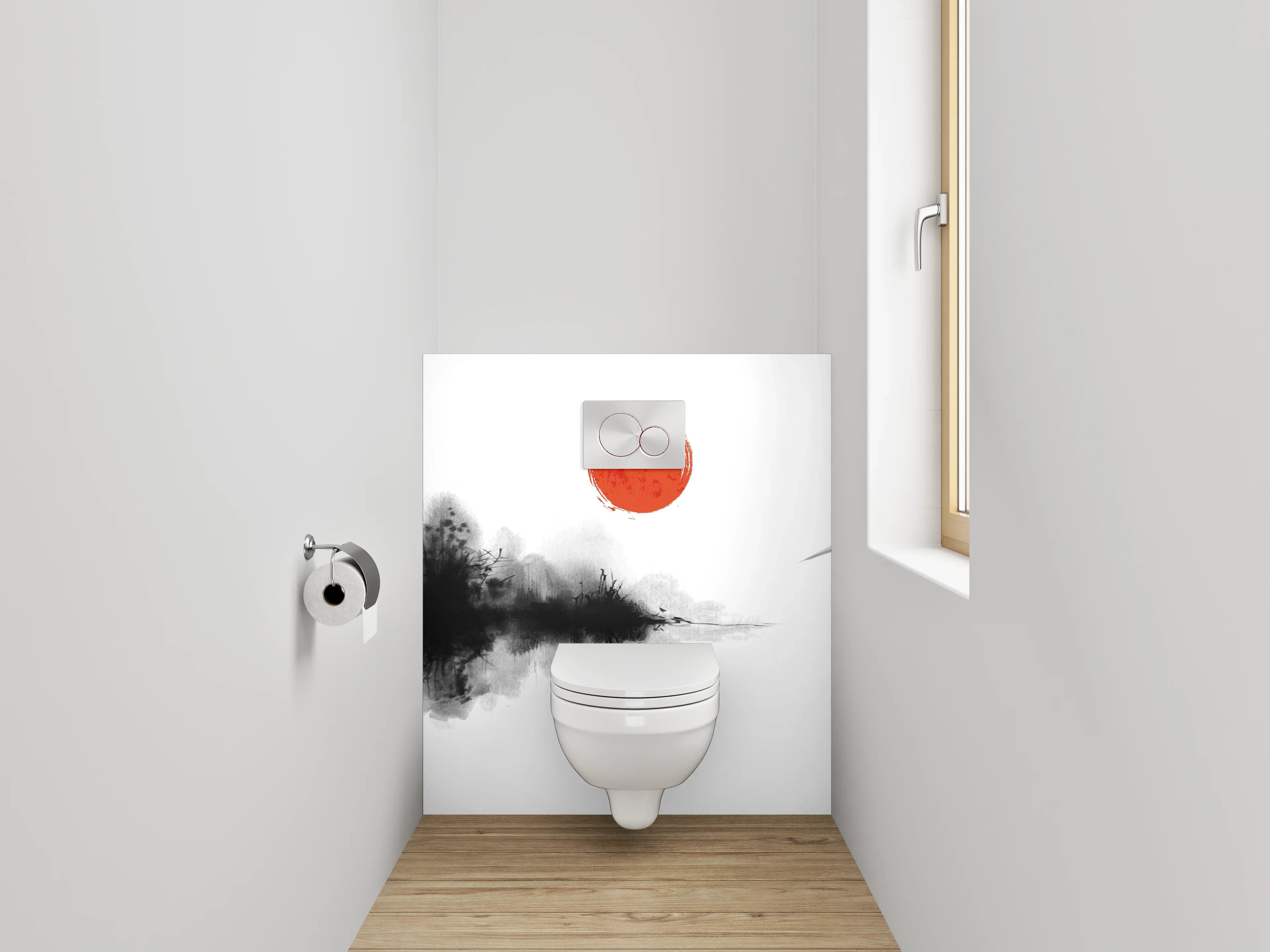WC-Rückwand - Elegante Kranich-Aquarellkunst in Schwarz-Weiß