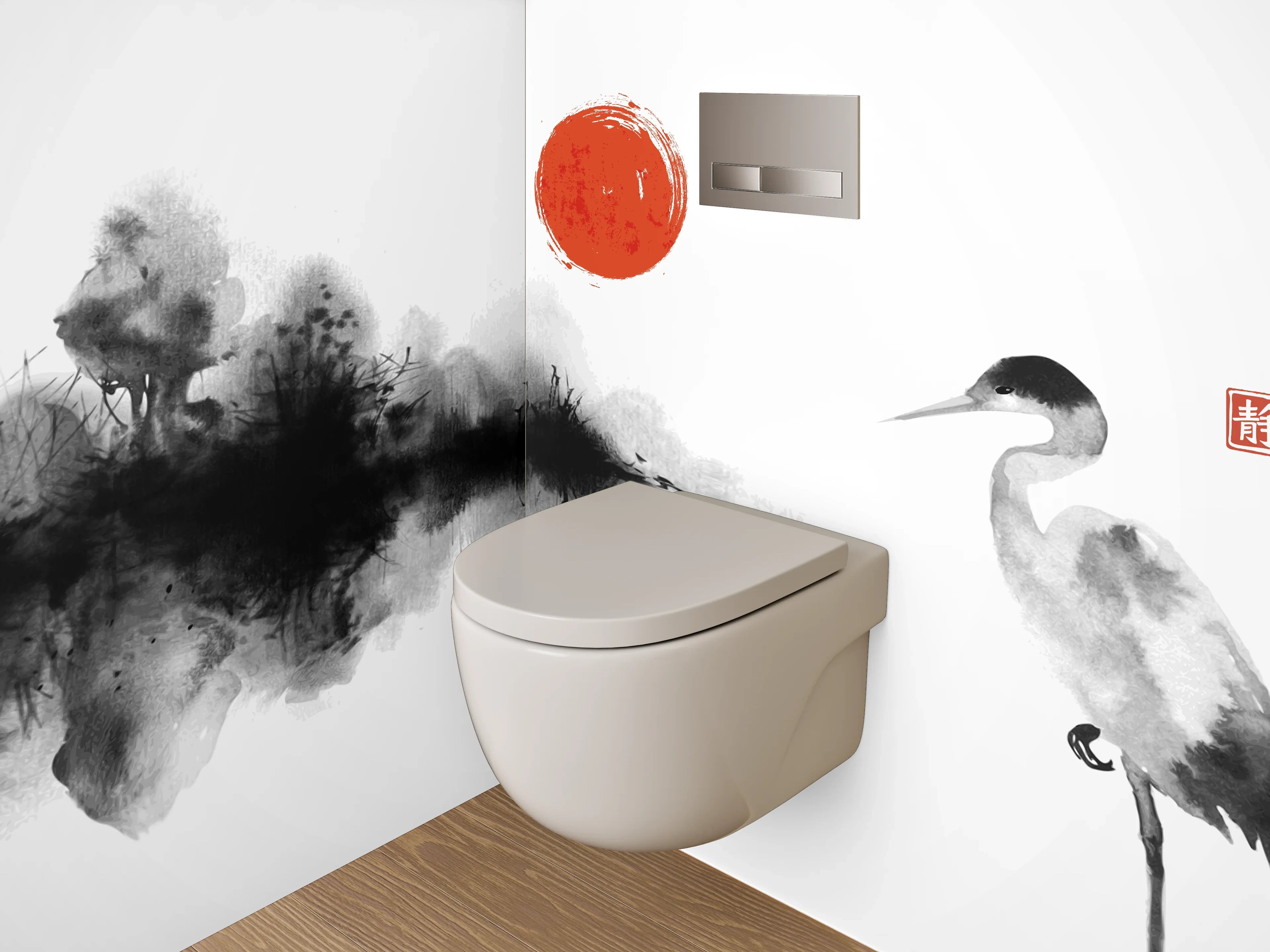 WC-Rückwand - Elegante Kranich-Aquarellkunst in Schwarz-Weiß