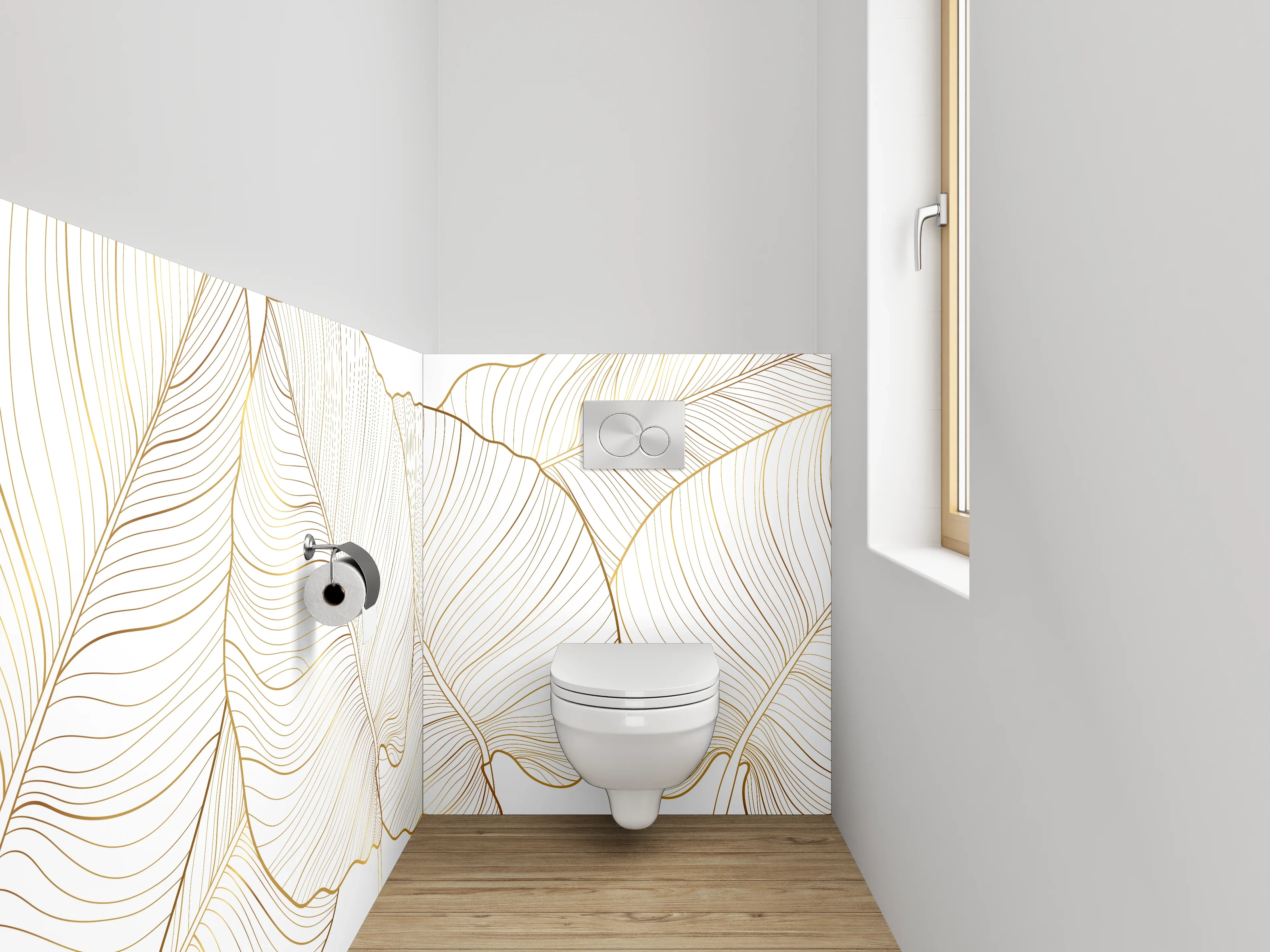 WC-Rückwand - Elegante Lineart Bananenblätter Gold Weiß