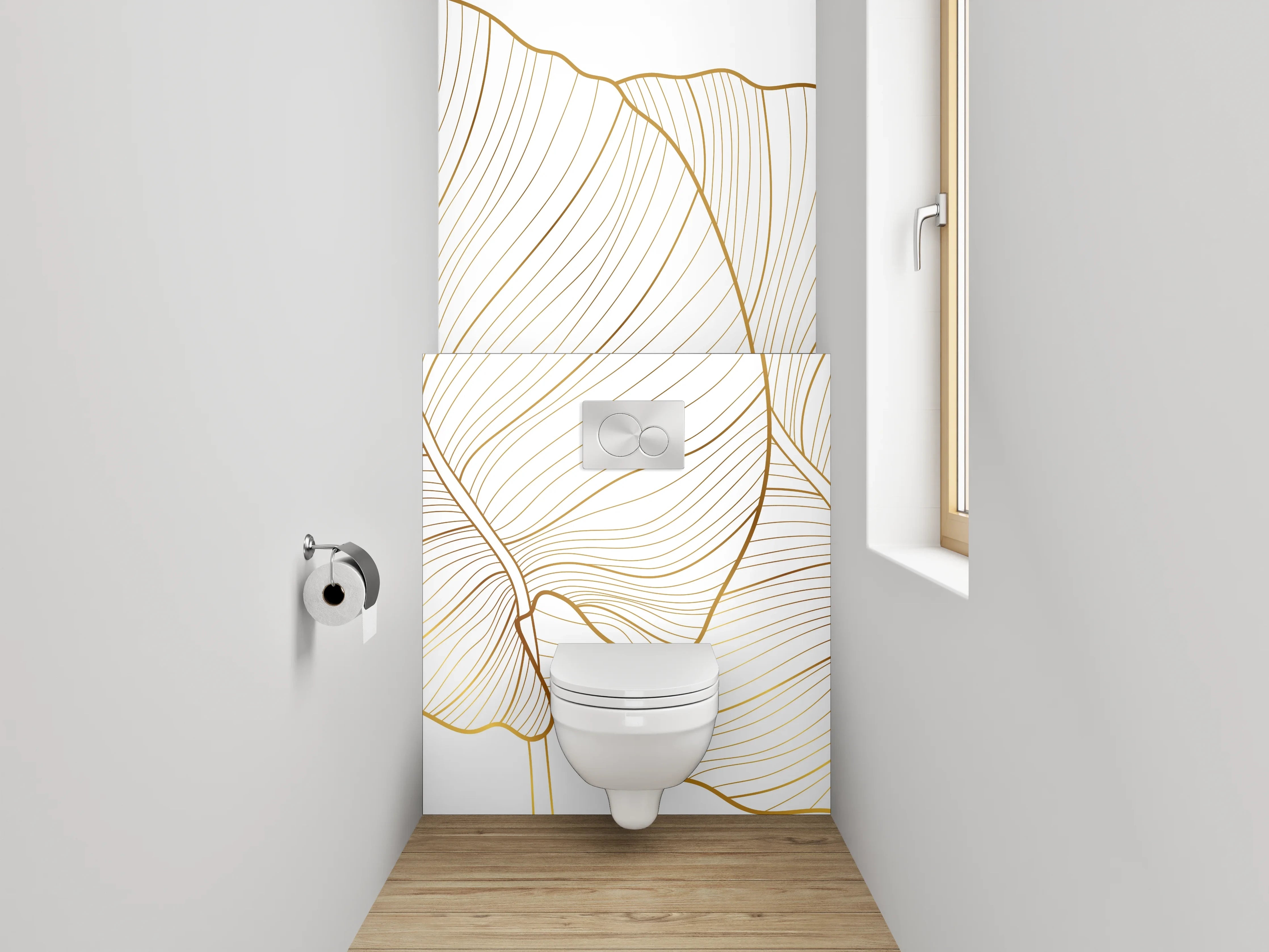 WC-Rückwand - Elegante Lineart Bananenblätter Gold Weiß