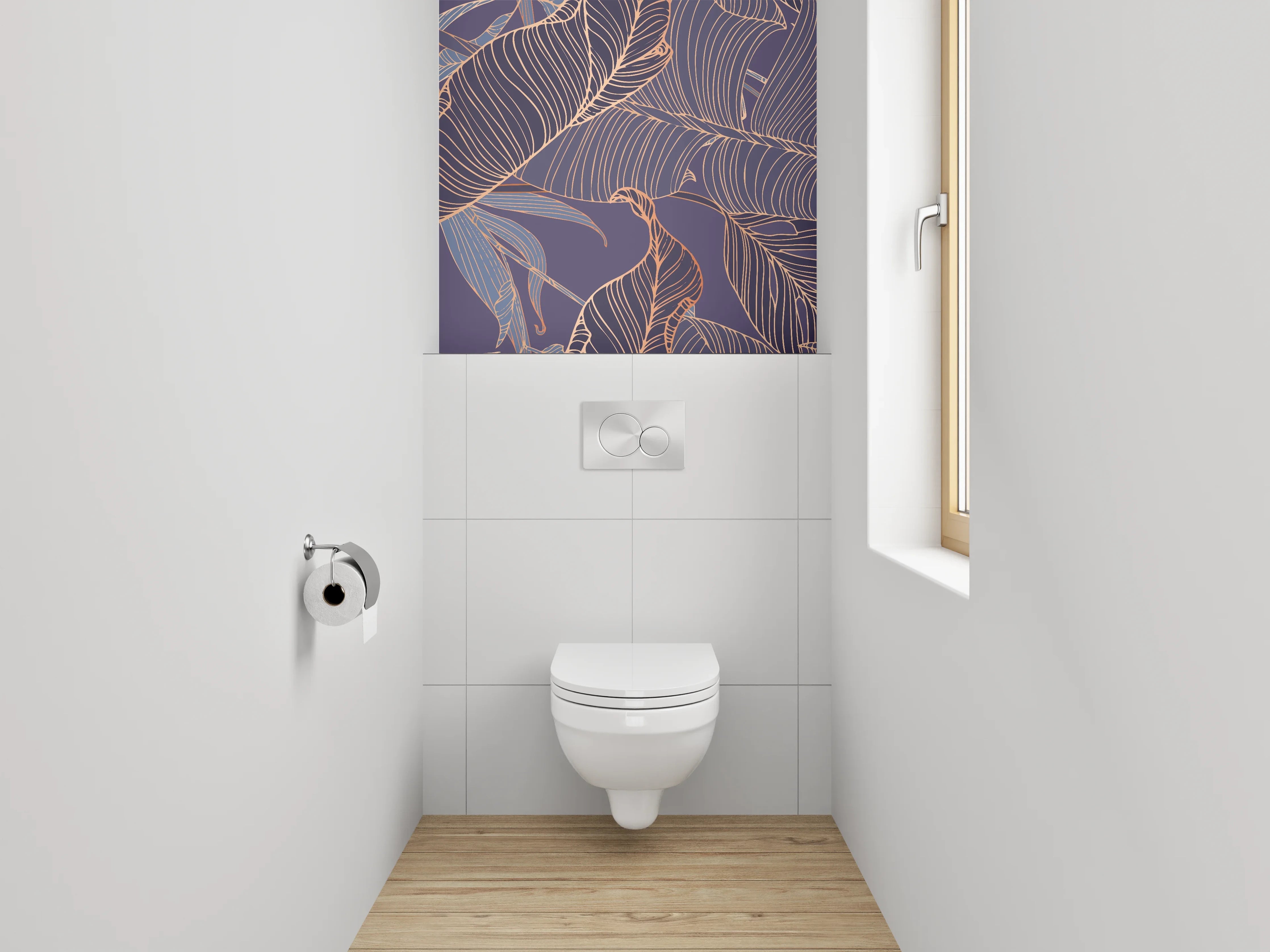 WC-Rückwand - Elegante Lineart-Blätter auf Lila