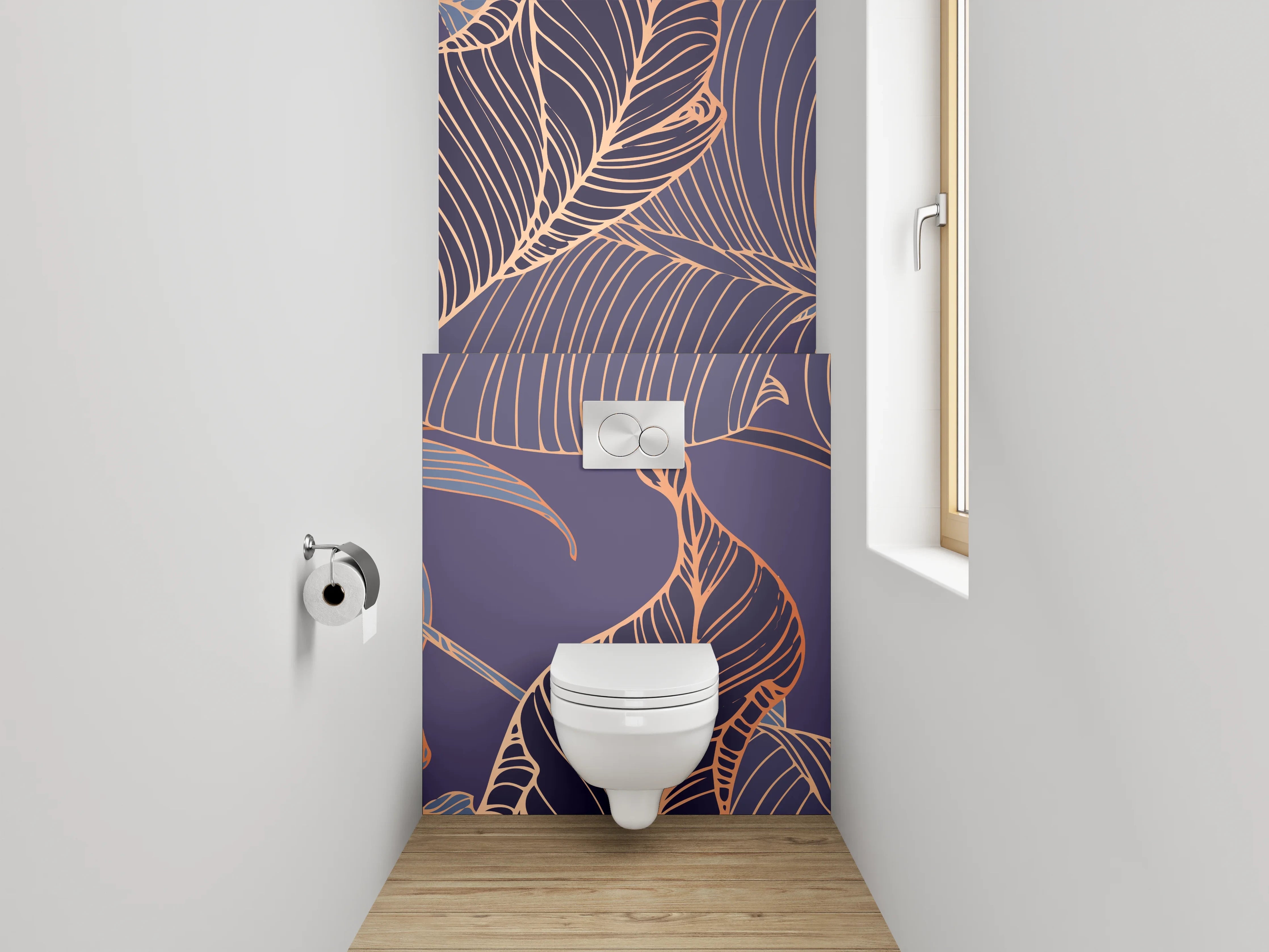 WC-Rückwand - Elegante Lineart-Blätter auf Lila