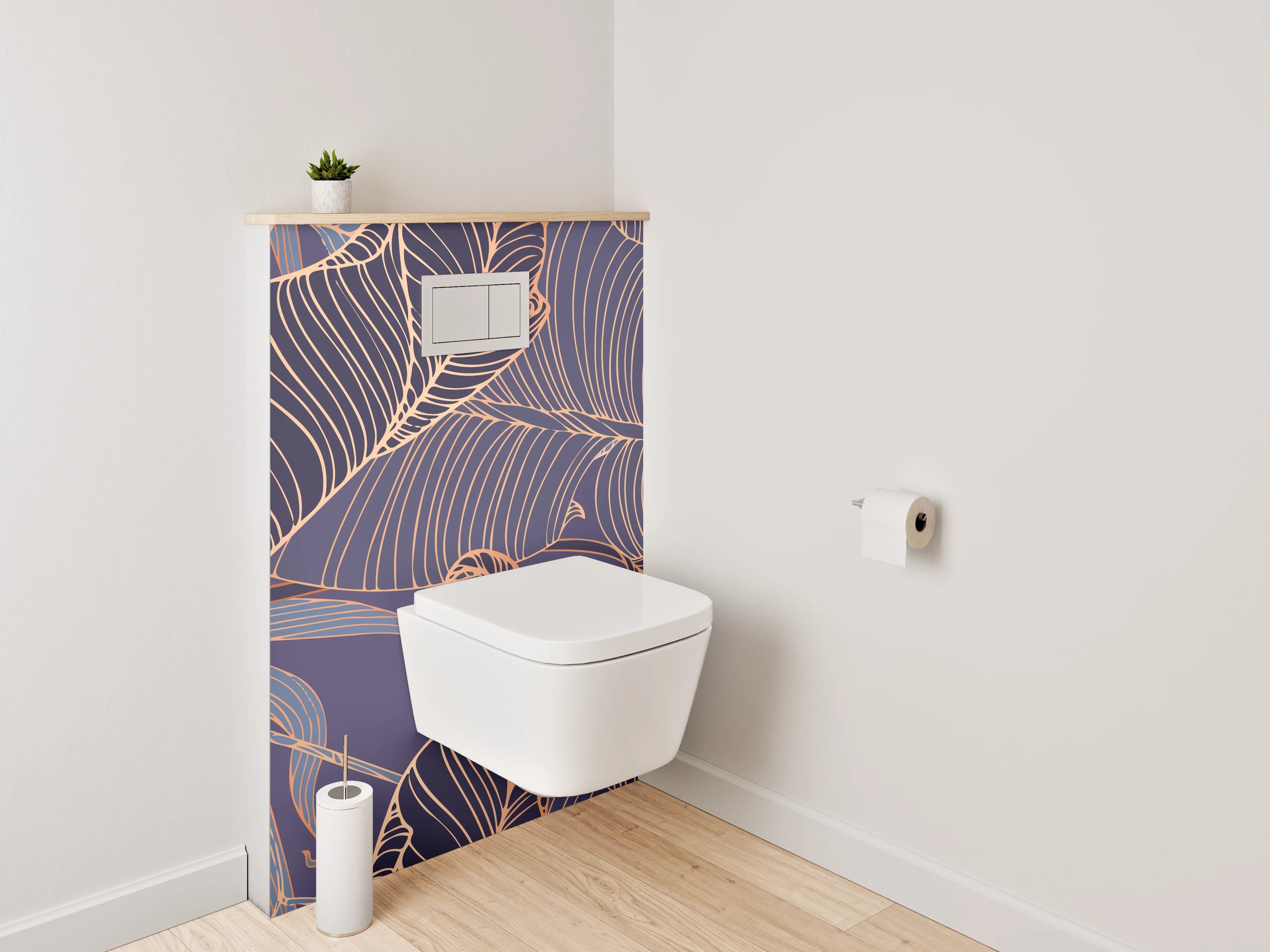 WC-Rückwand - Elegante Lineart-Blätter auf Lila