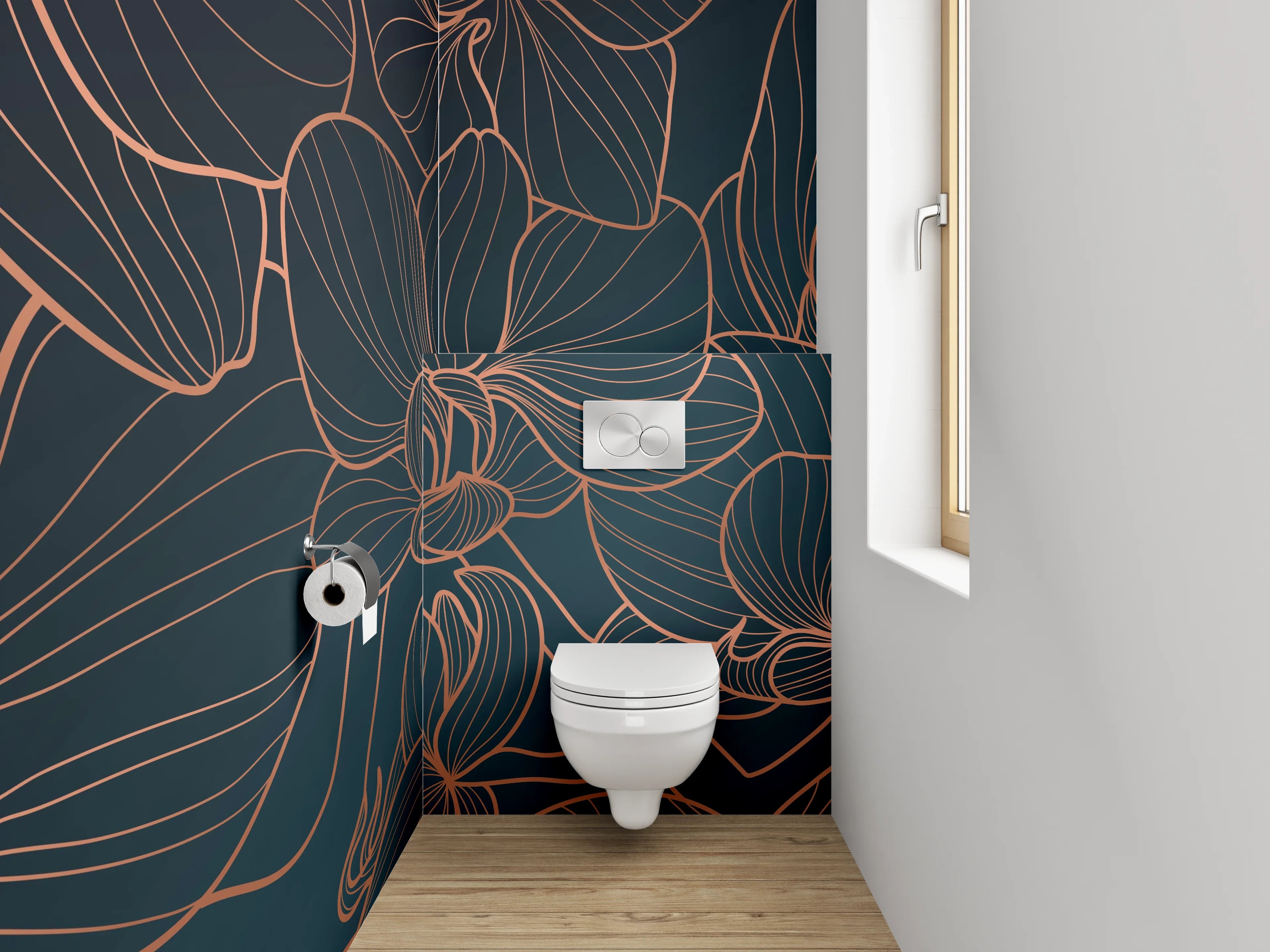 WC-Rückwand - Elegante Lineart-Orchideen auf dunklem Grund