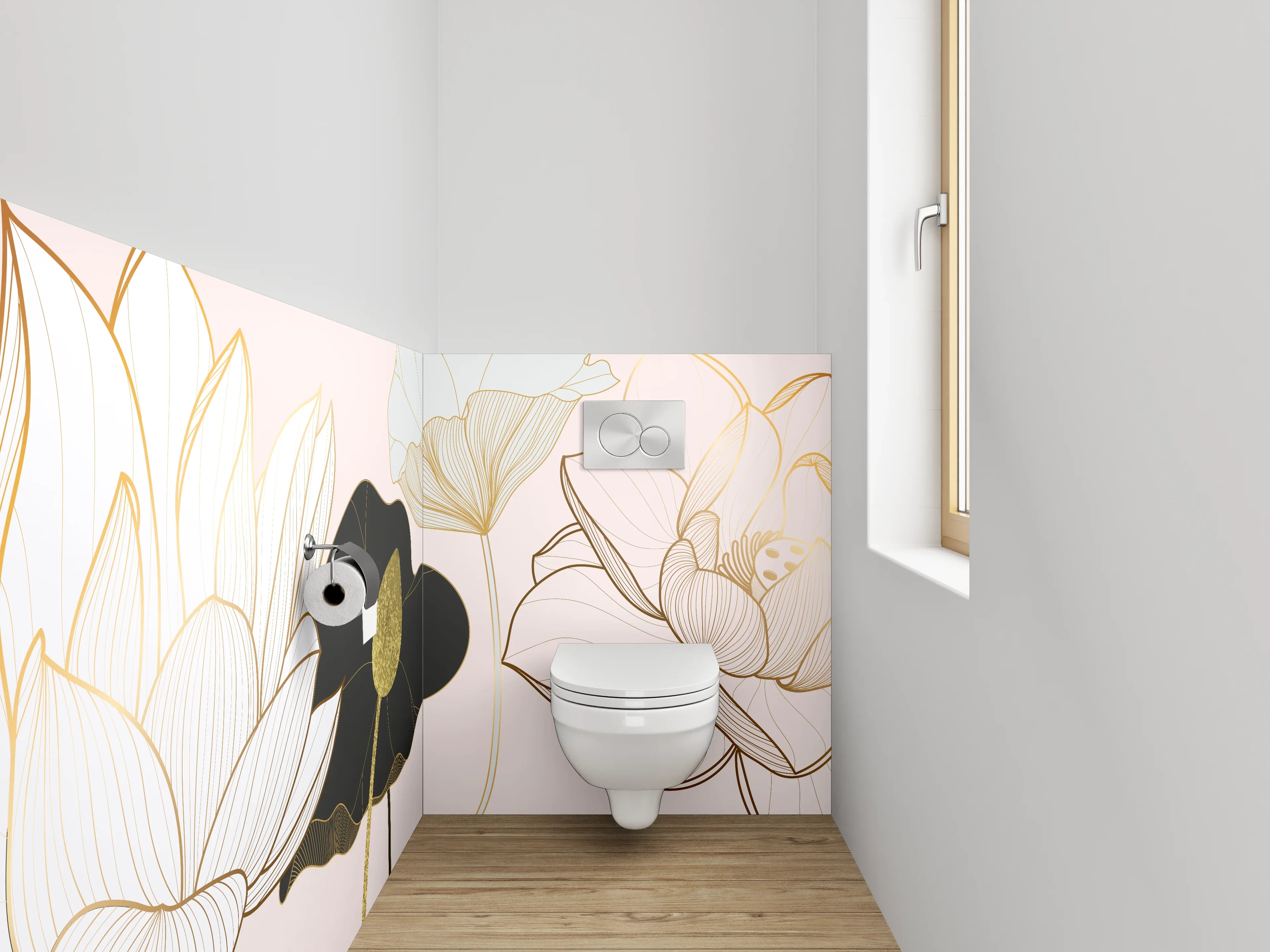 WC-Rückwand - Elegante Lotus Lineart auf hellem Grund
