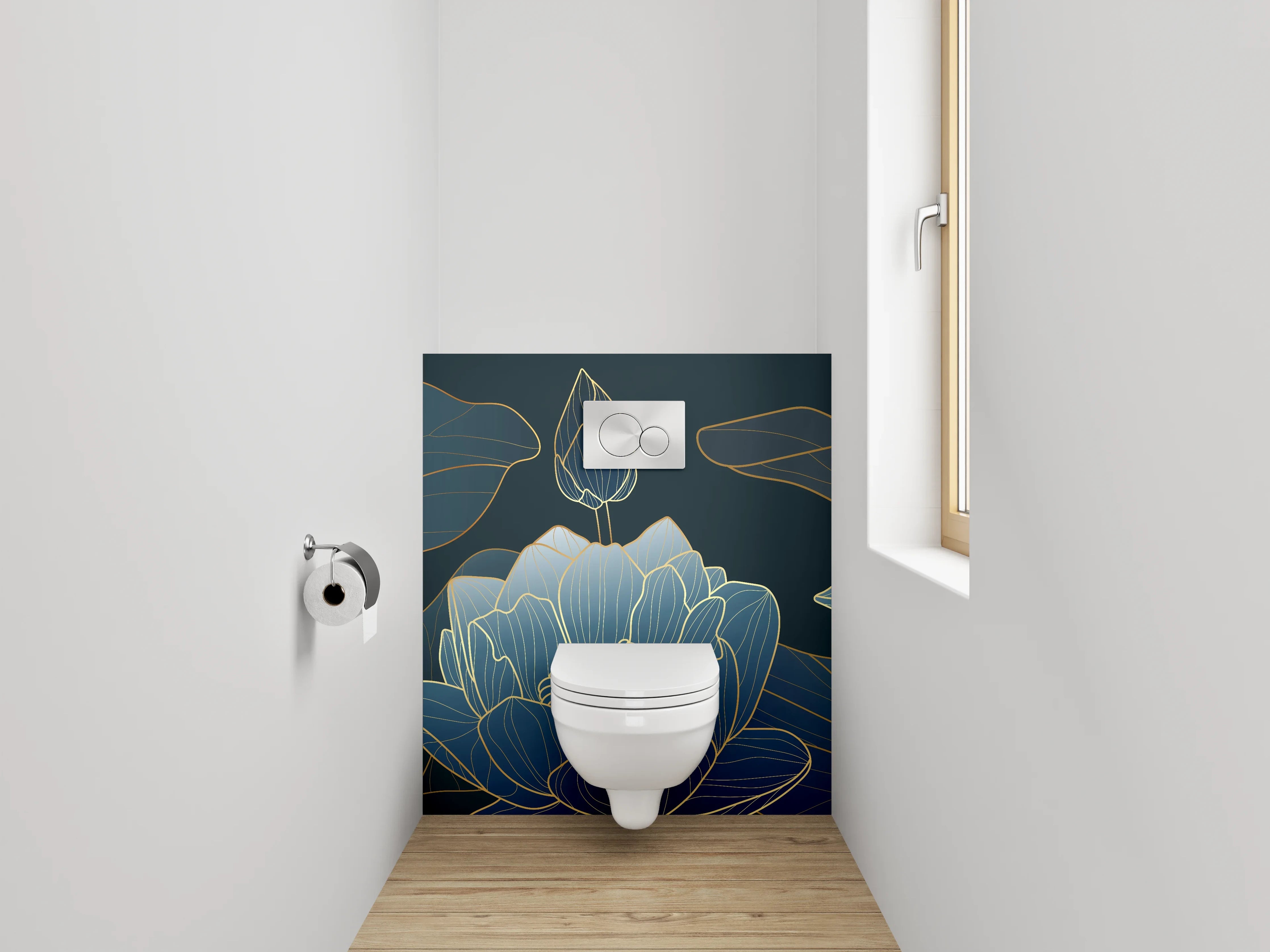WC-Rückwand - Elegante Lotus Lineart in Blau-Gold