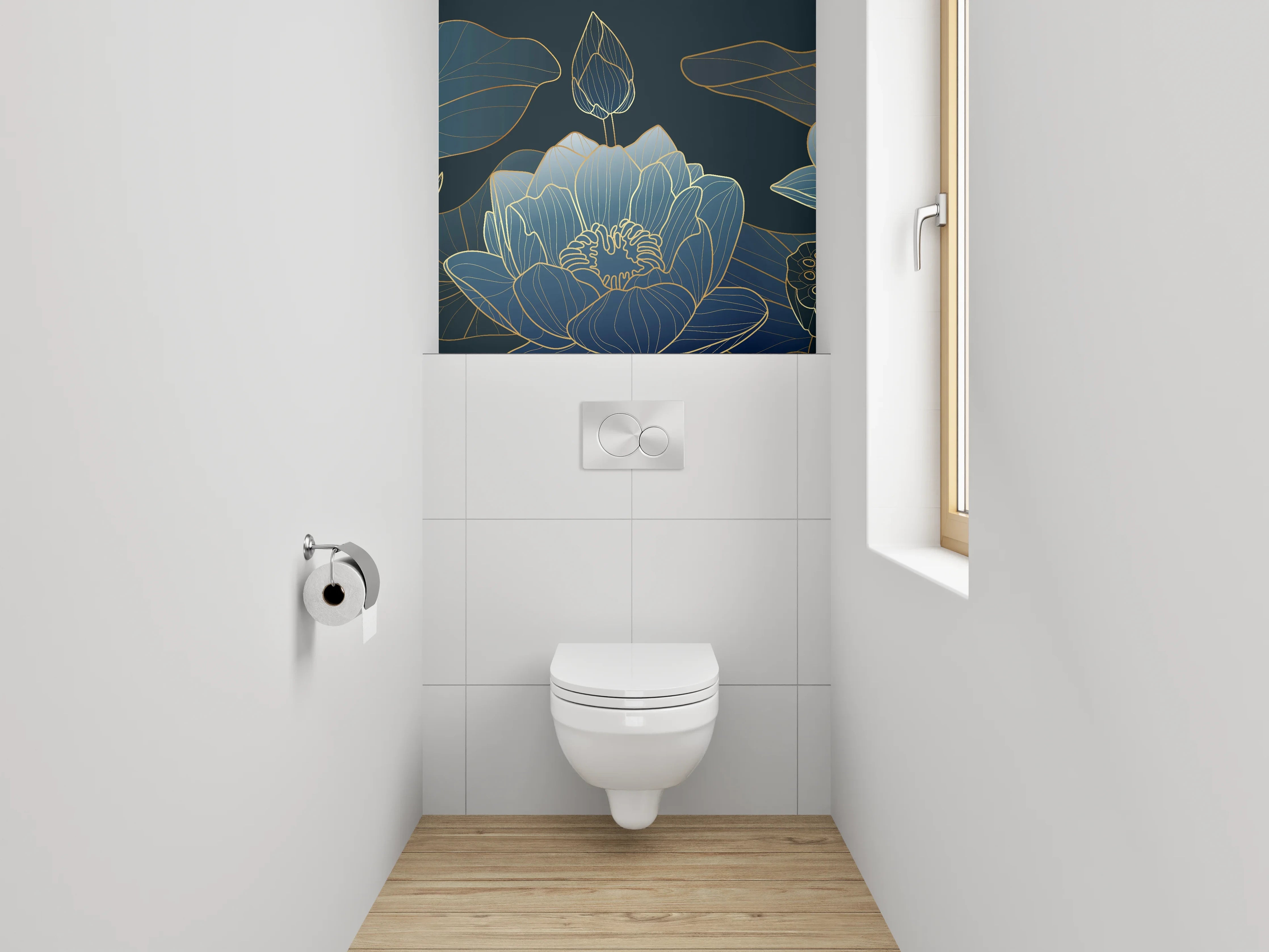 WC-Rückwand - Elegante Lotus Lineart in Blau-Gold