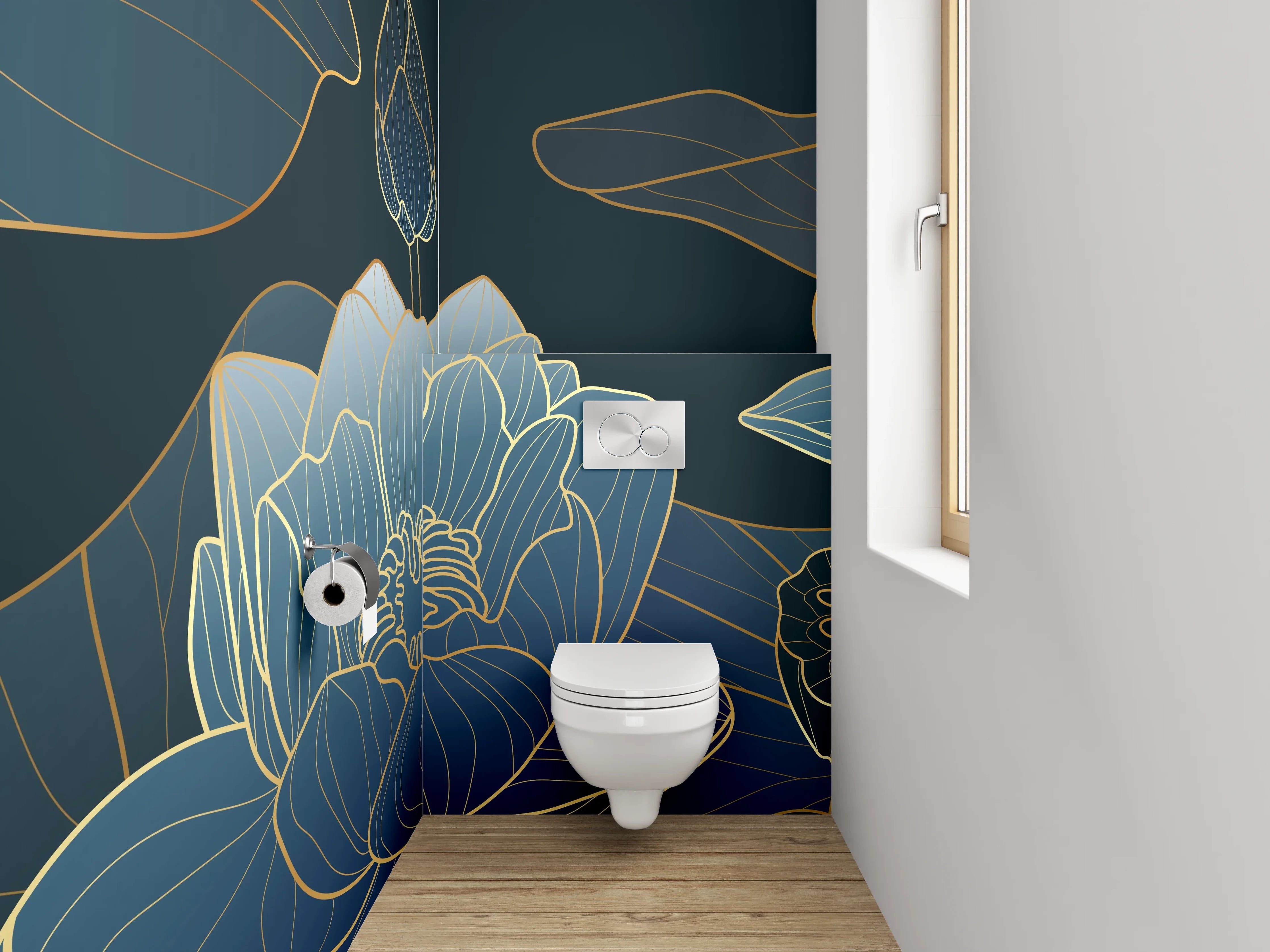 WC-Rückwand - Elegante Lotus Lineart in Blau-Gold