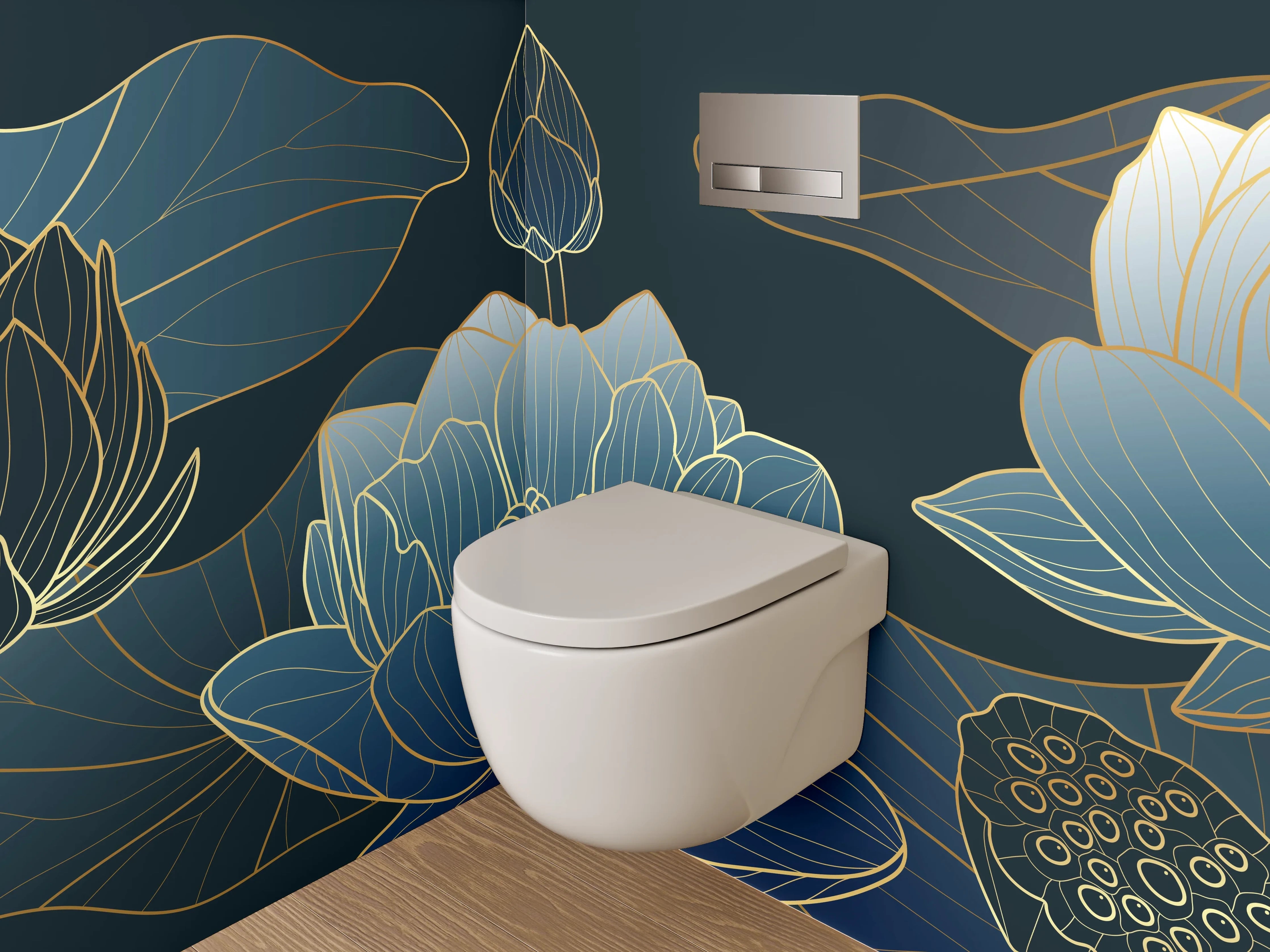 WC-Rückwand - Elegante Lotus Lineart in Blau-Gold