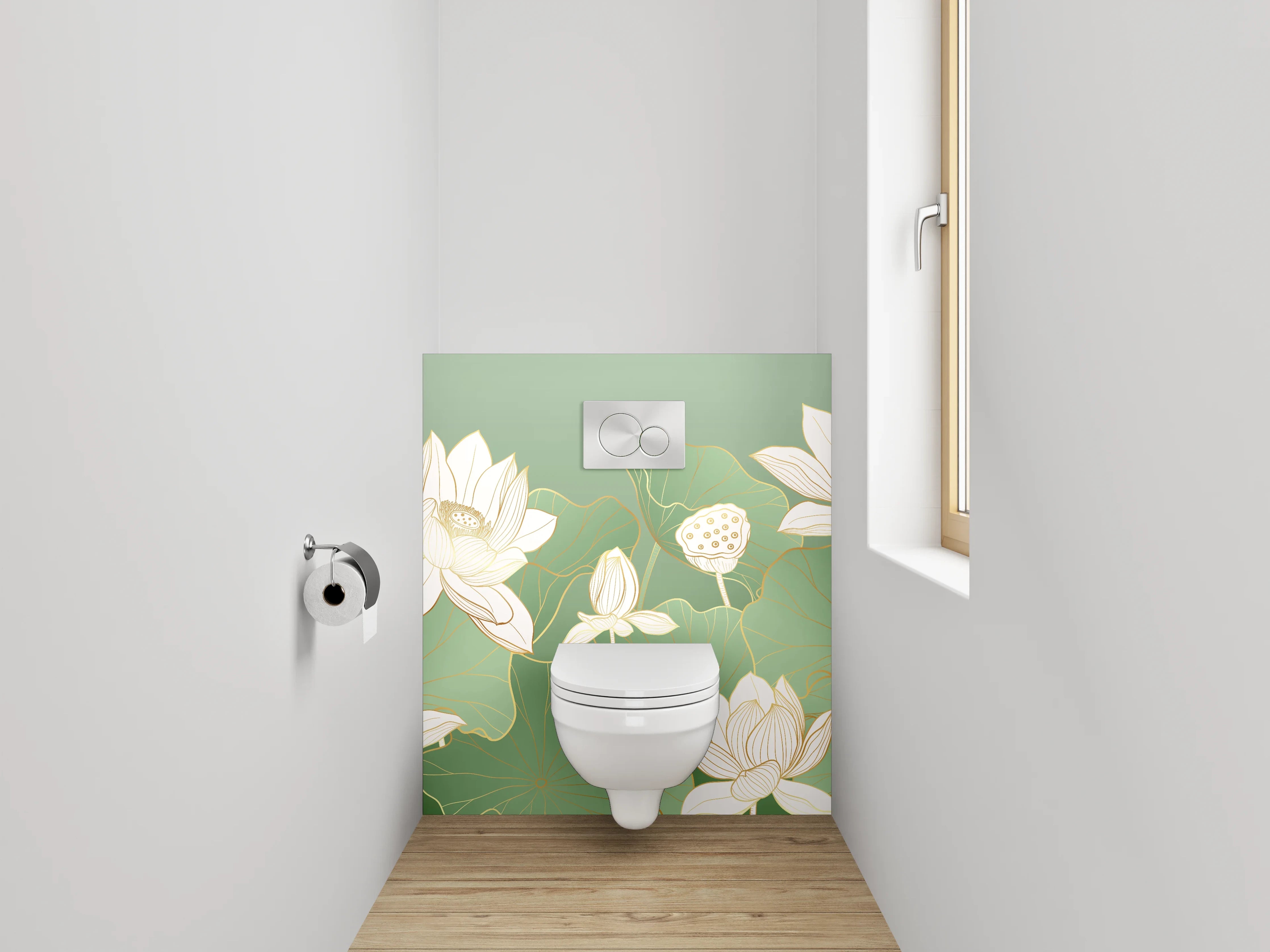 WC-Rückwand - Elegante Lotusblüten Aquarell auf Grün