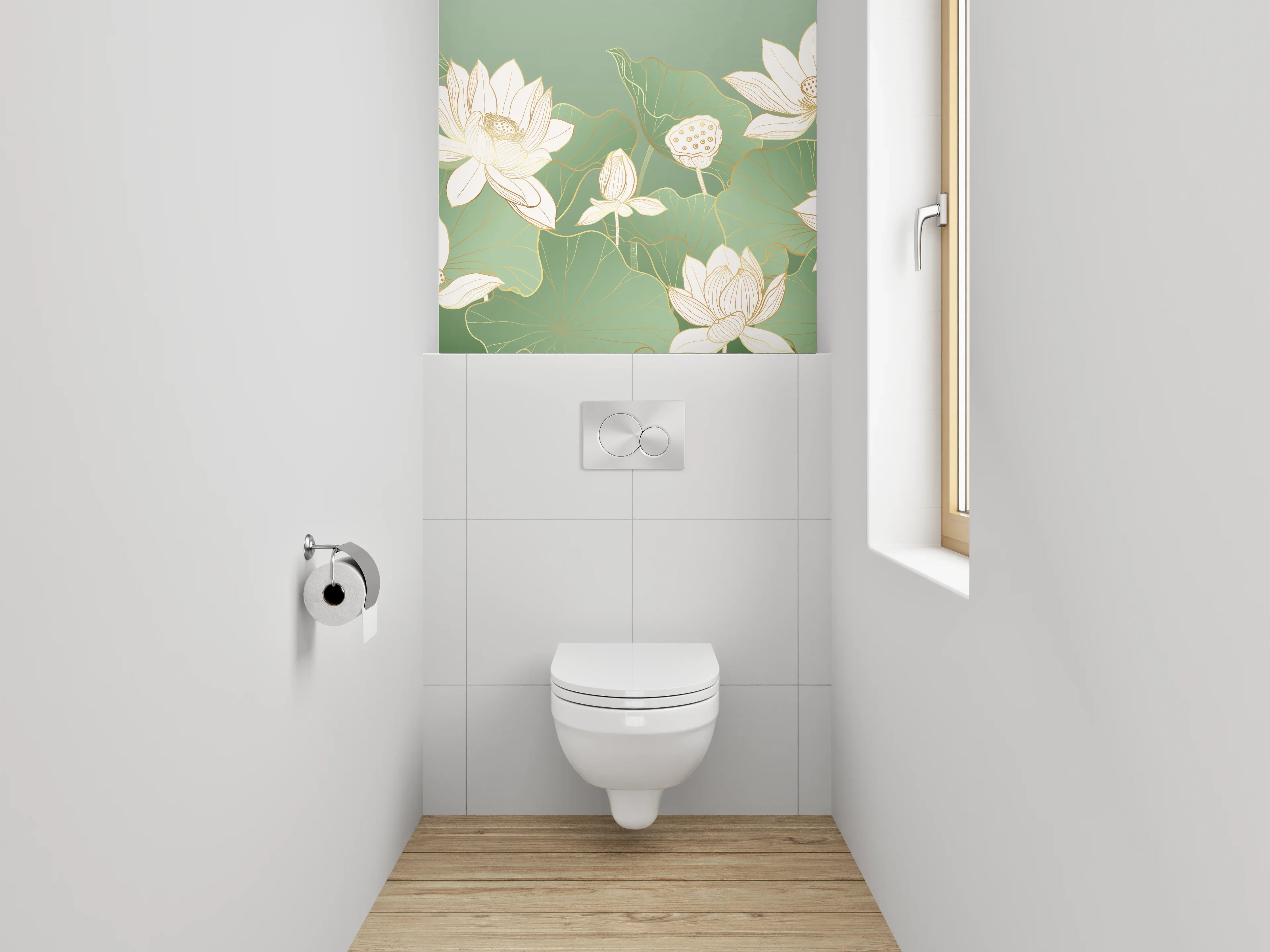 WC-Rückwand - Elegante Lotusblüten Aquarell auf Grün