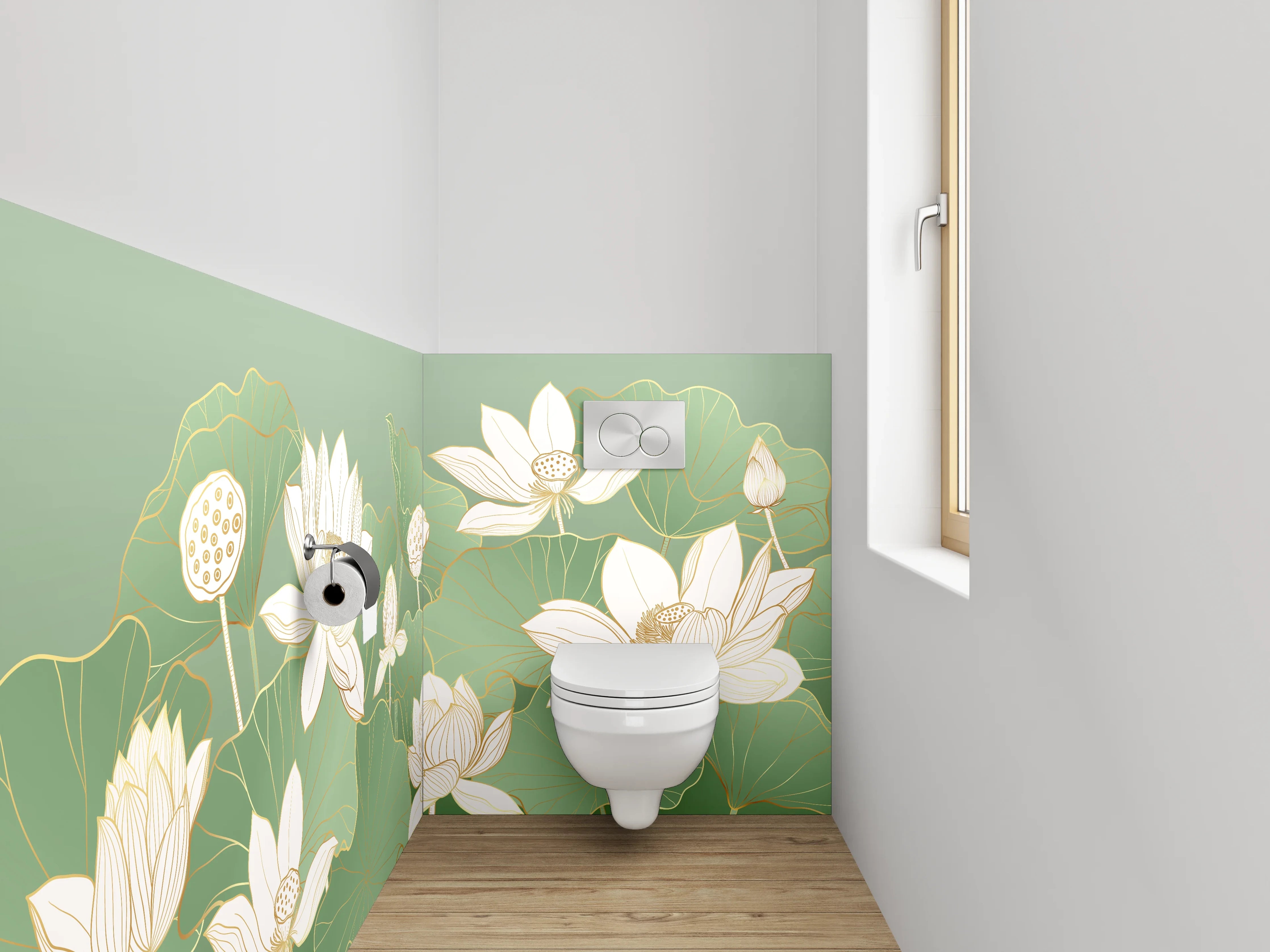 WC-Rückwand - Elegante Lotusblüten Aquarell auf Grün
