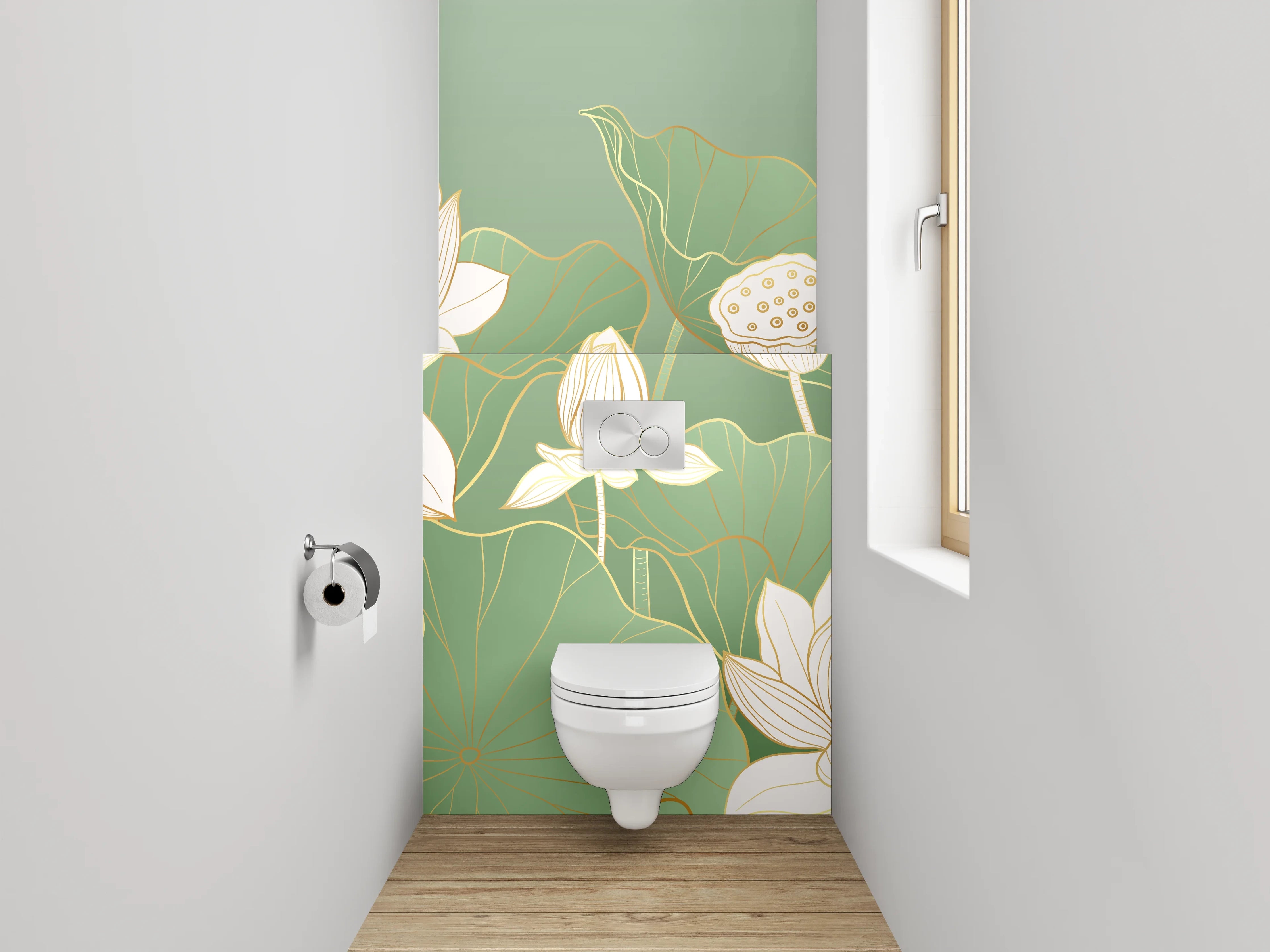 WC-Rückwand - Elegante Lotusblüten Aquarell auf Grün