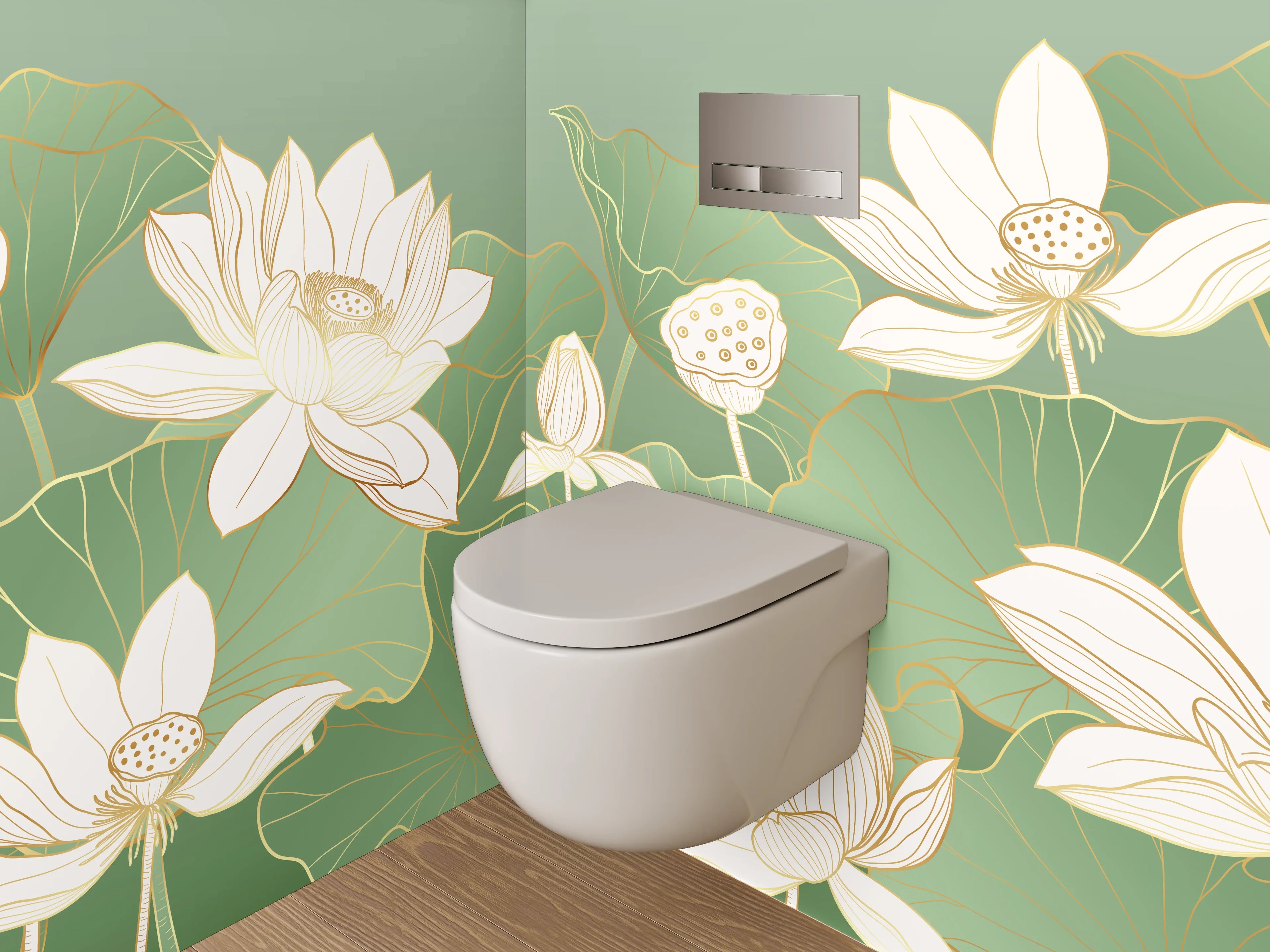 WC-Rückwand - Elegante Lotusblüten Aquarell auf Grün