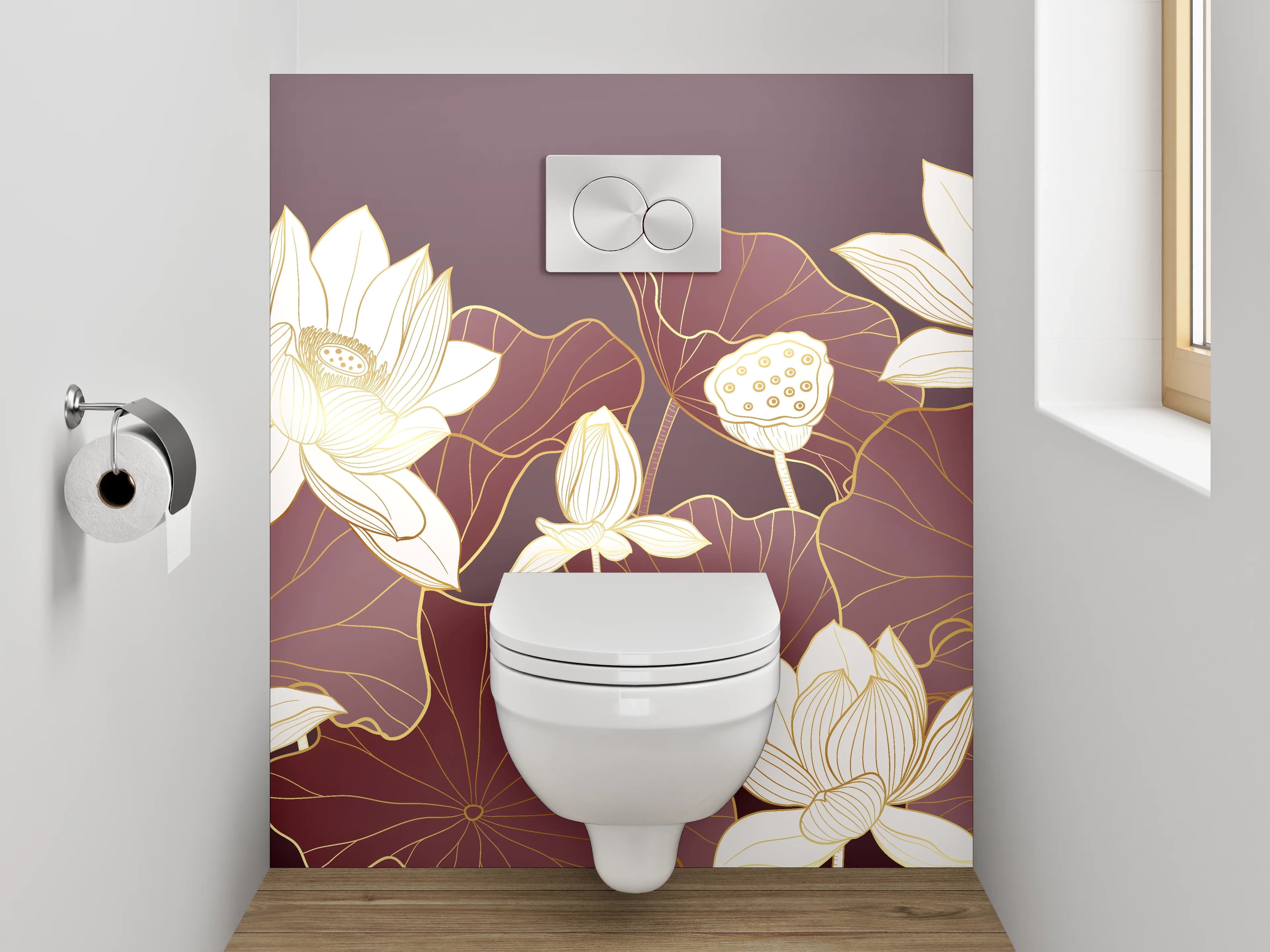 WC-Rückwand - Elegante Lotusblüten Illustration auf Lila