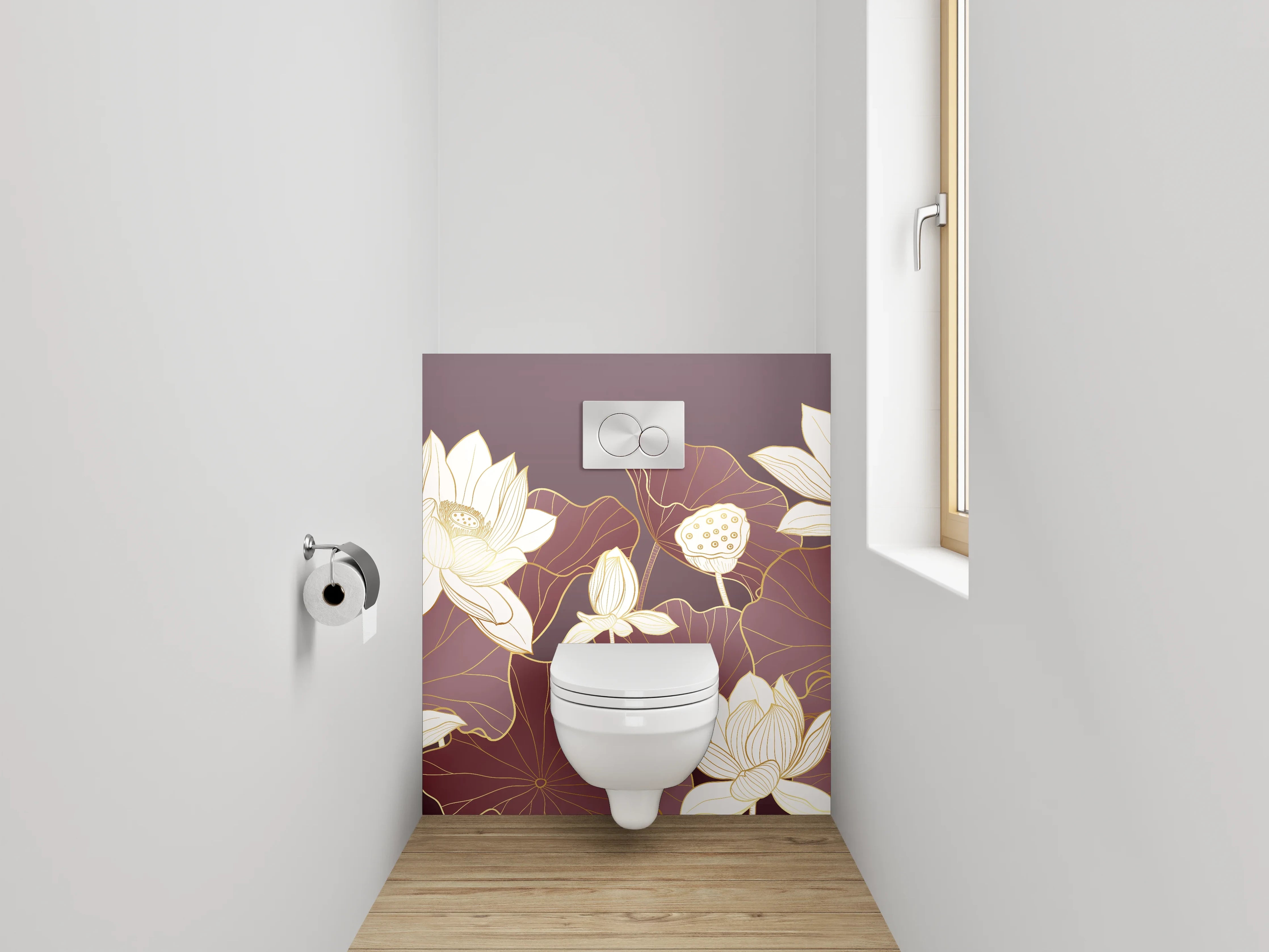 WC-Rückwand - Elegante Lotusblüten Illustration auf Lila