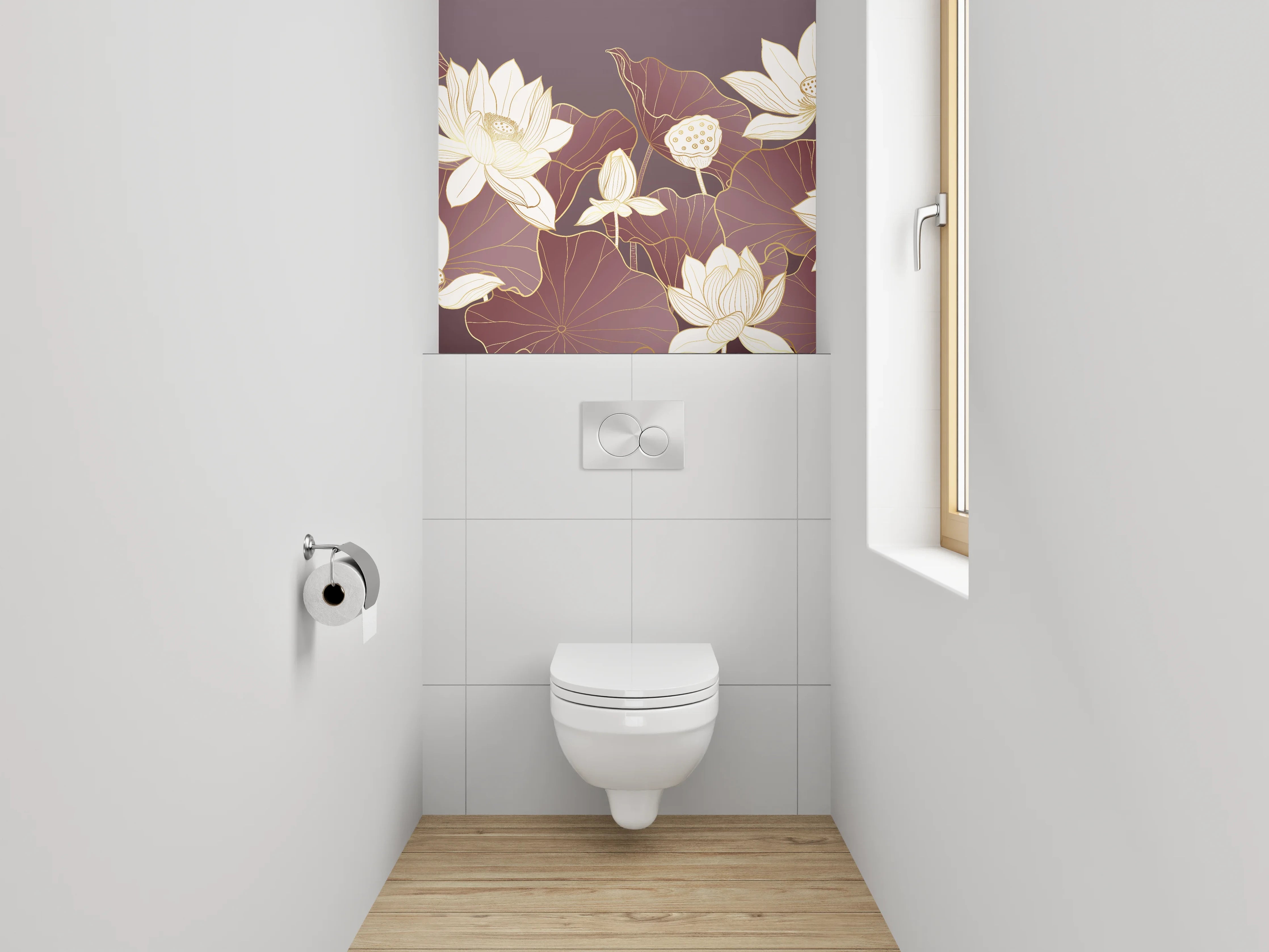 WC-Rückwand - Elegante Lotusblüten Illustration auf Lila
