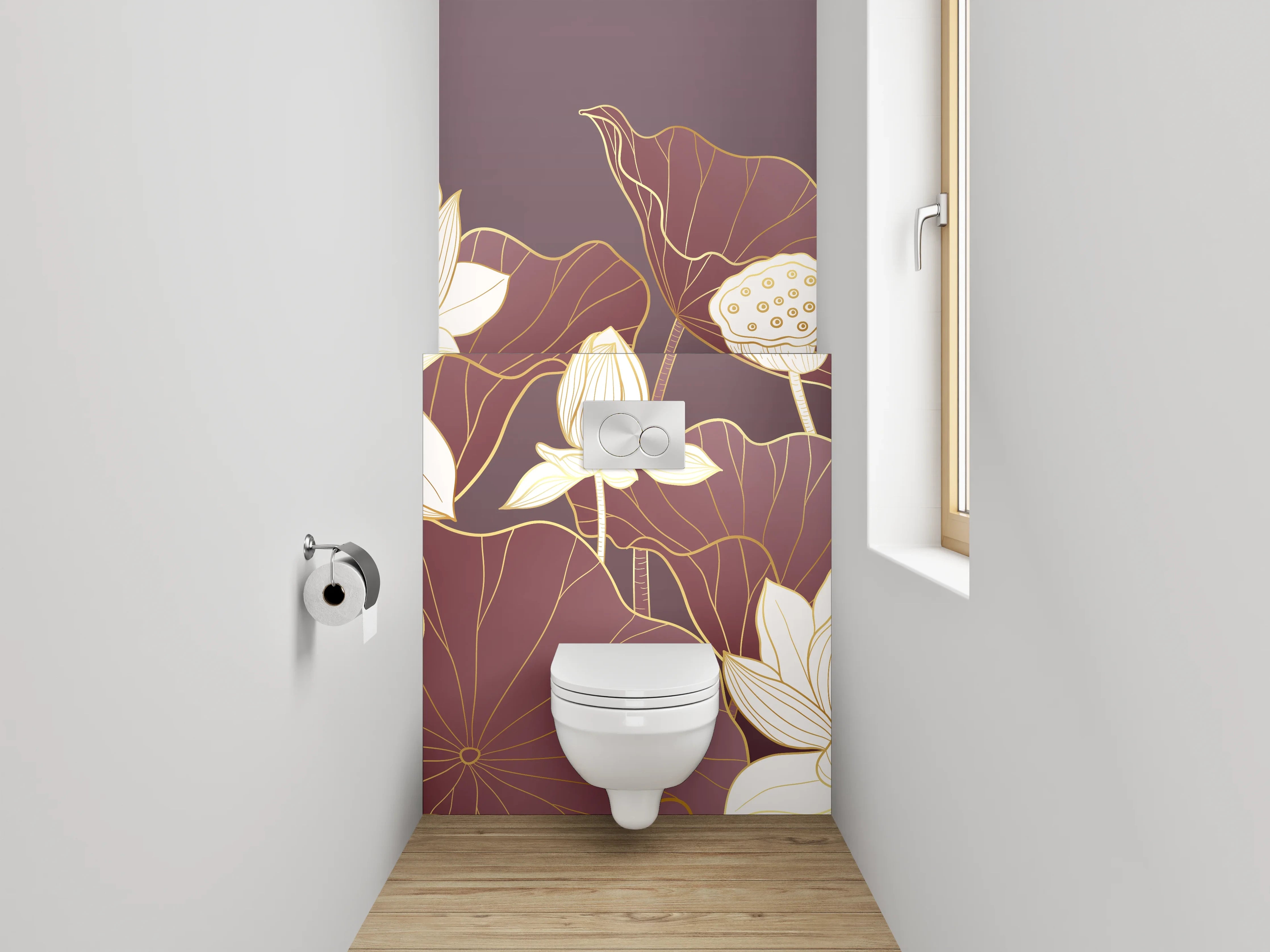 WC-Rückwand - Elegante Lotusblüten Illustration auf Lila