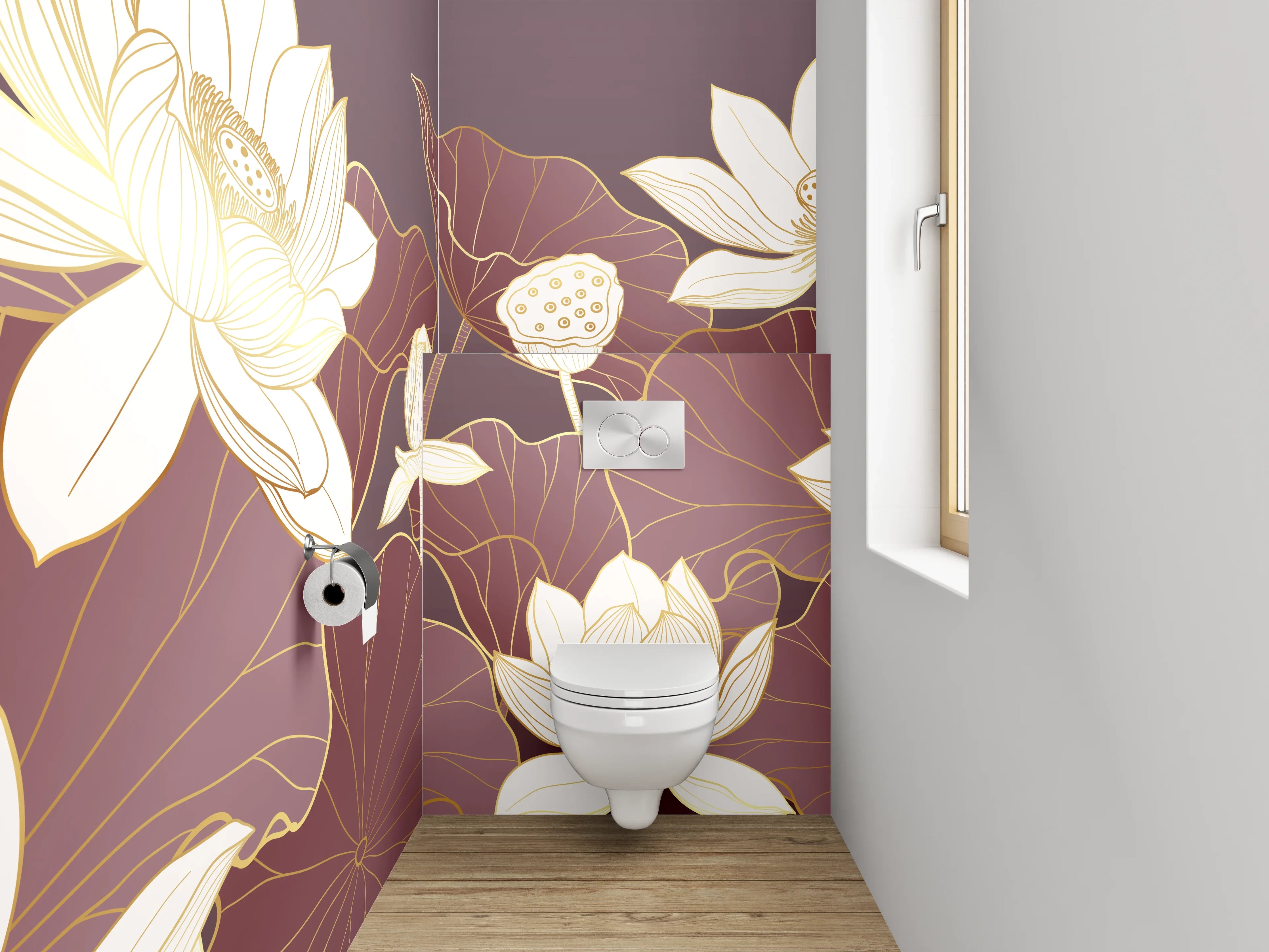 WC-Rückwand - Elegante Lotusblüten Illustration auf Lila