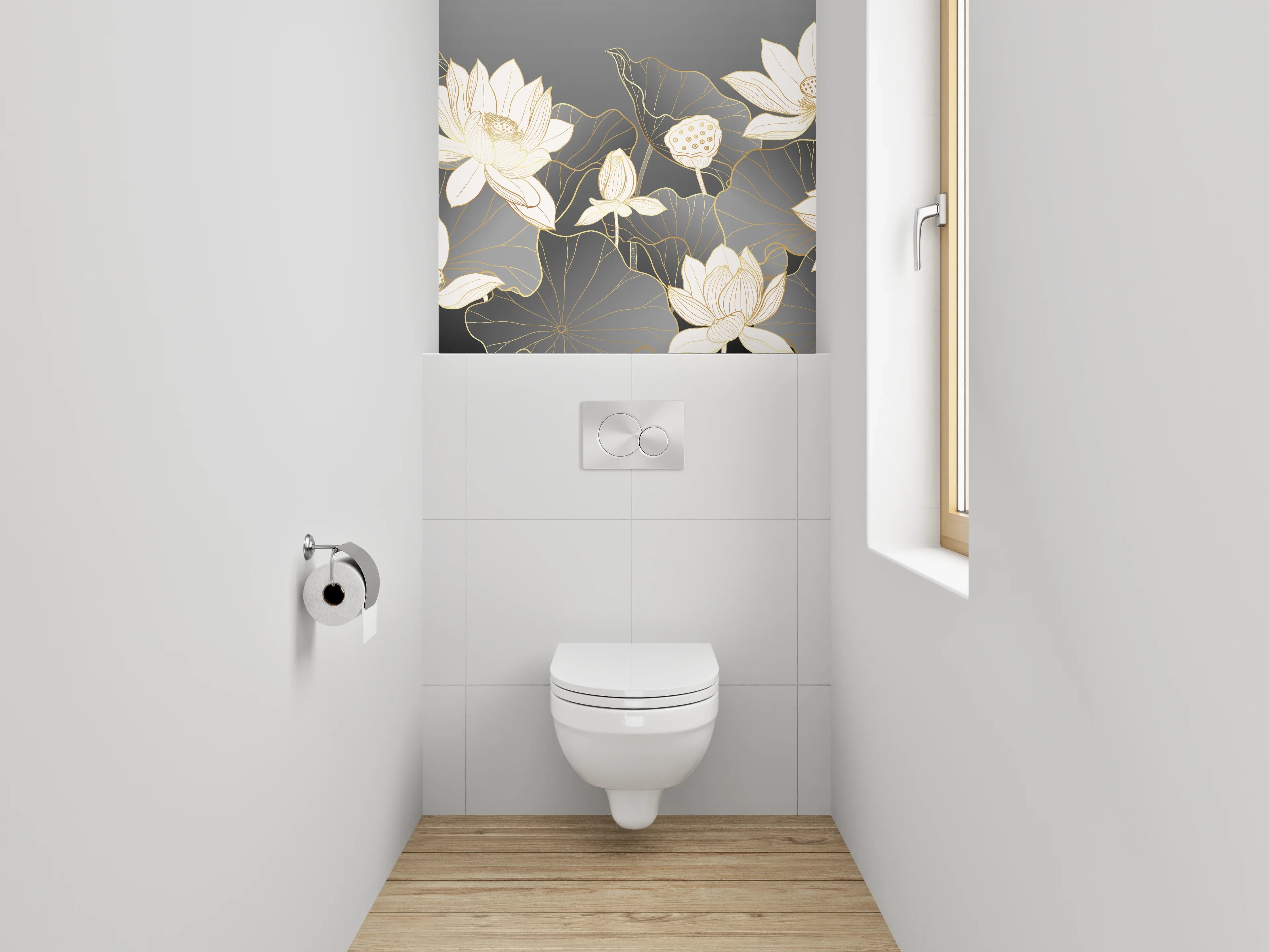 WC-Rückwand - Elegante Lotusblüten Lineart auf Grau