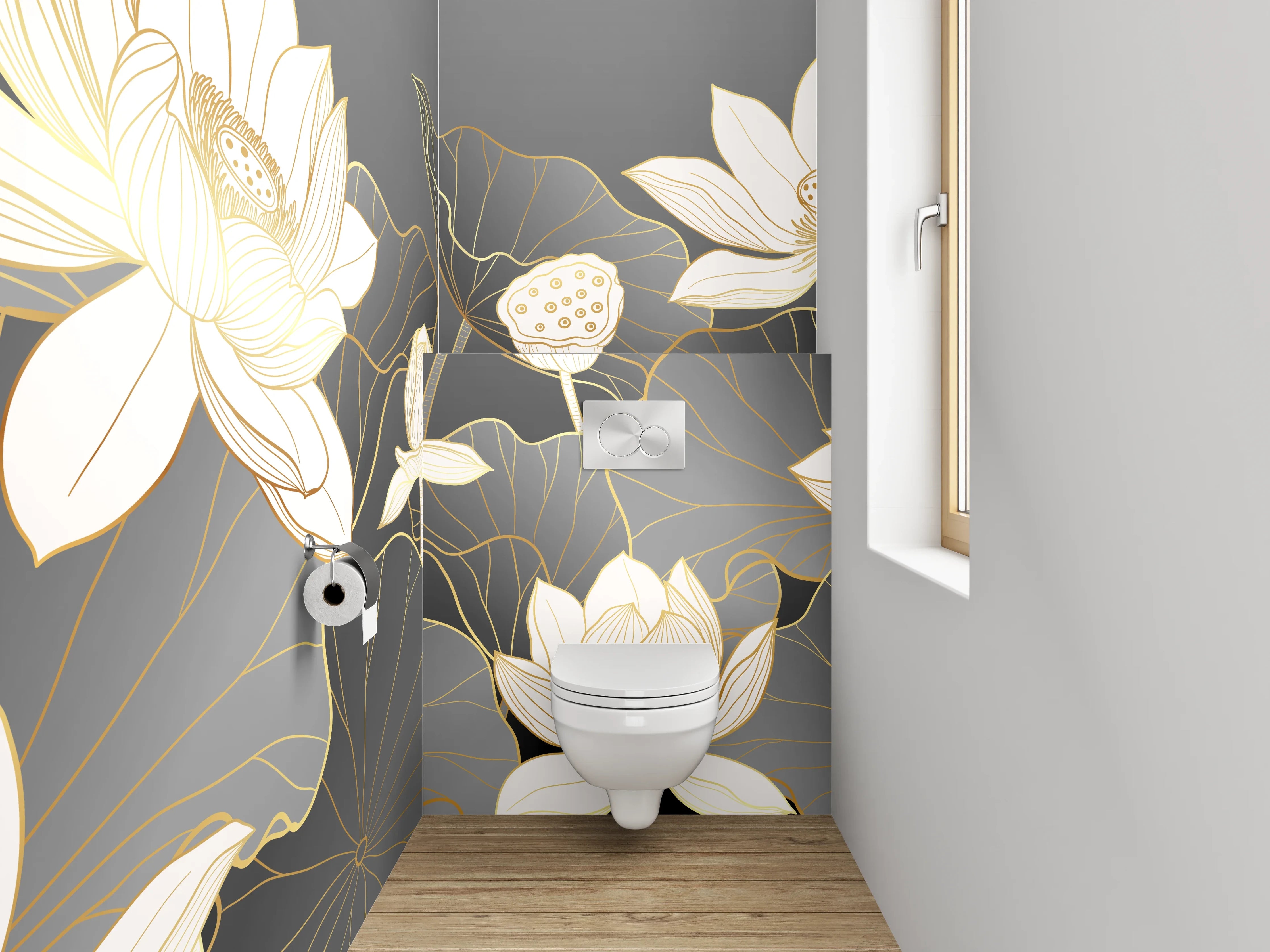 WC-Rückwand - Elegante Lotusblüten Lineart auf Grau
