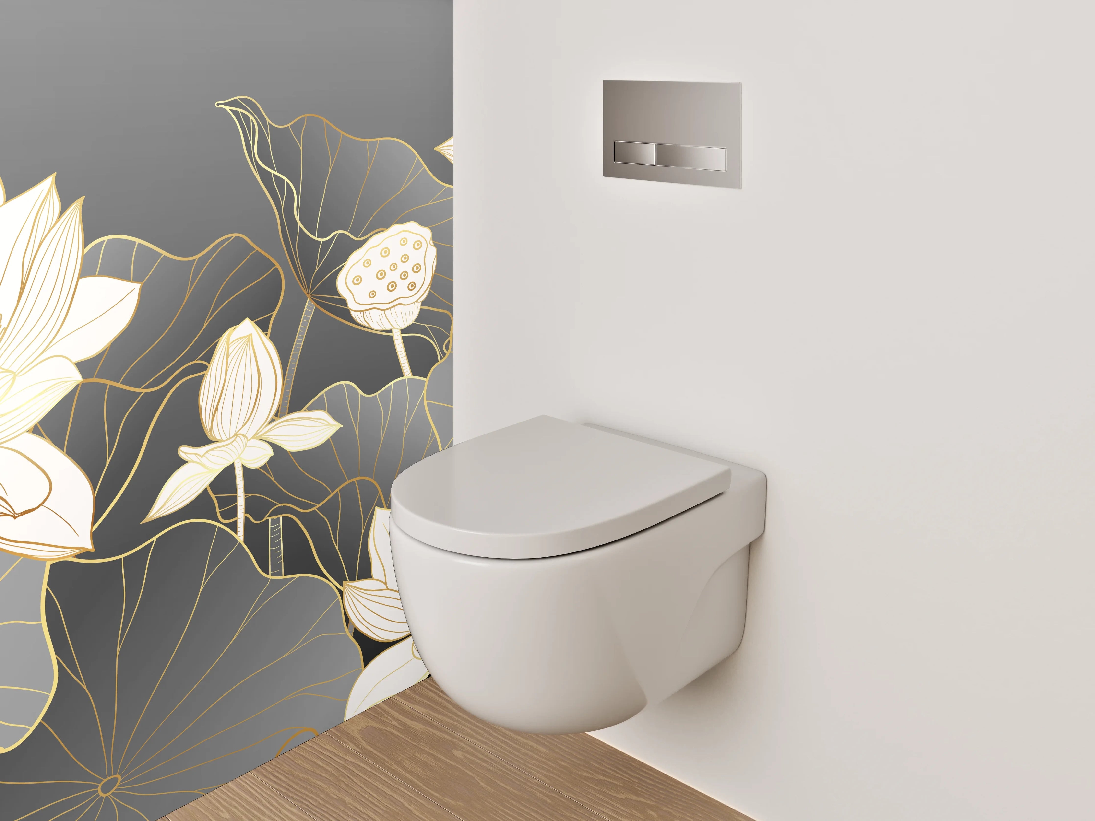 WC-Rückwand - Elegante Lotusblüten Lineart auf Grau