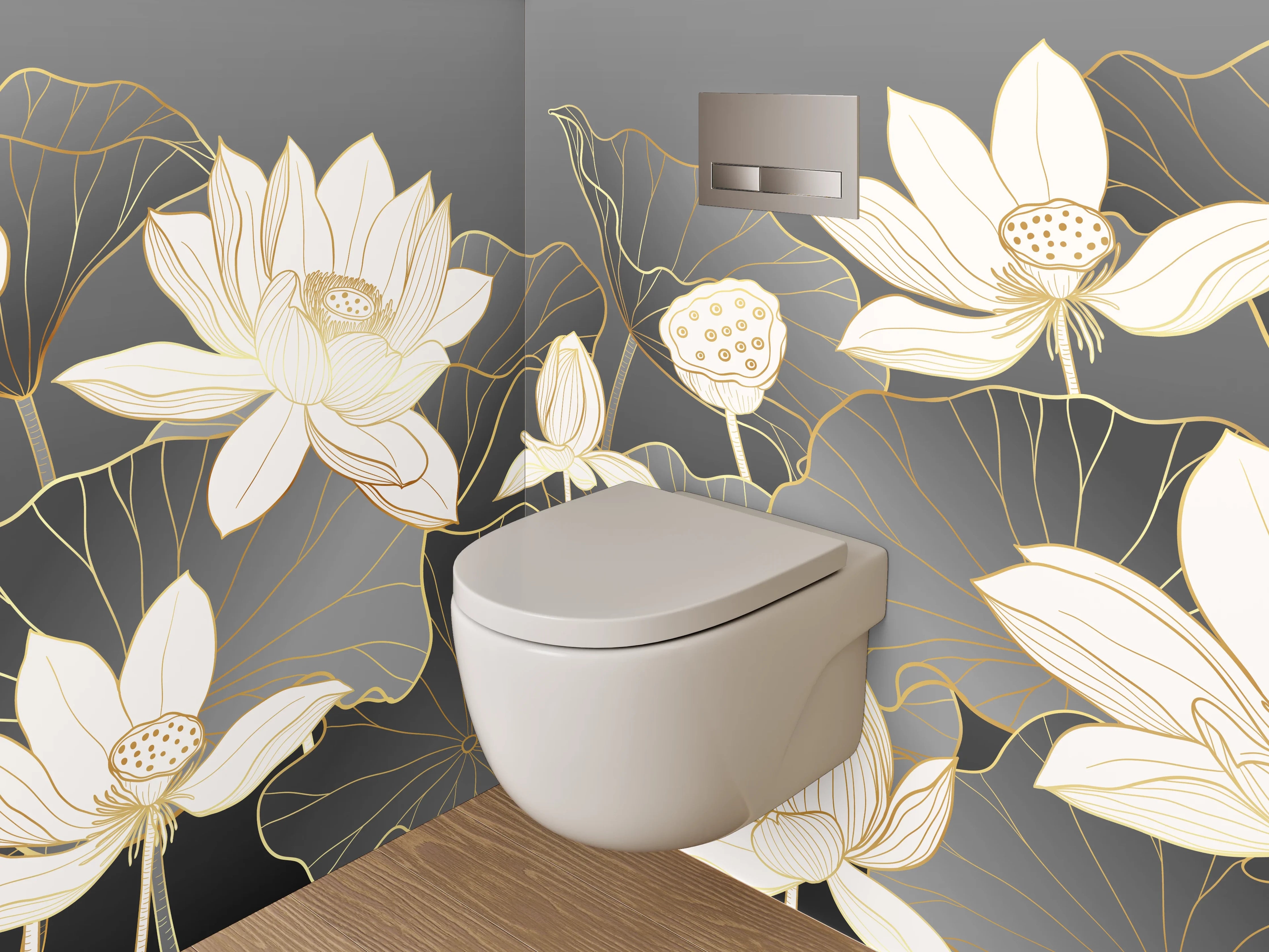 WC-Rückwand - Elegante Lotusblüten Lineart auf Grau