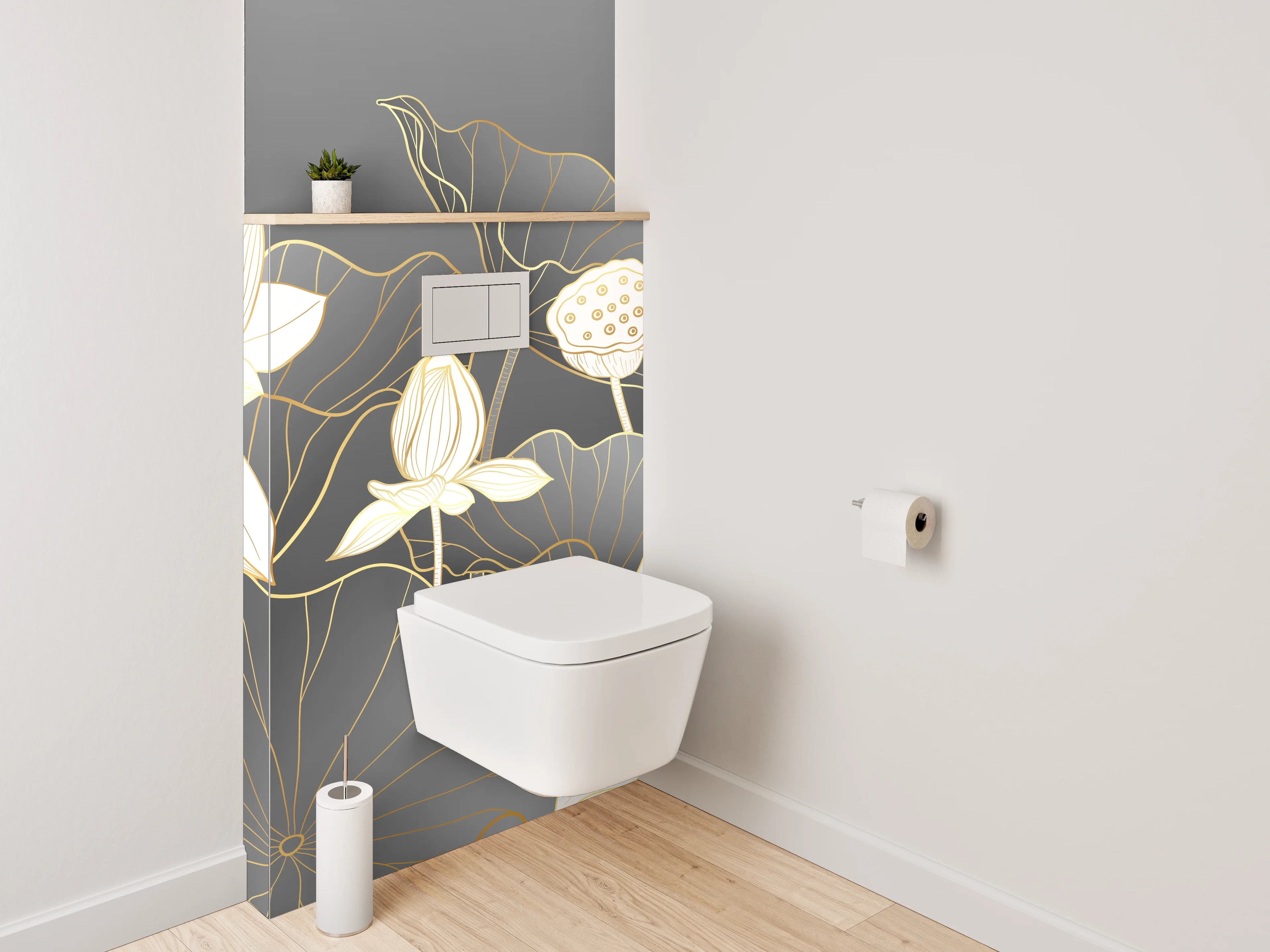 WC-Rückwand - Elegante Lotusblüten Lineart auf Grau