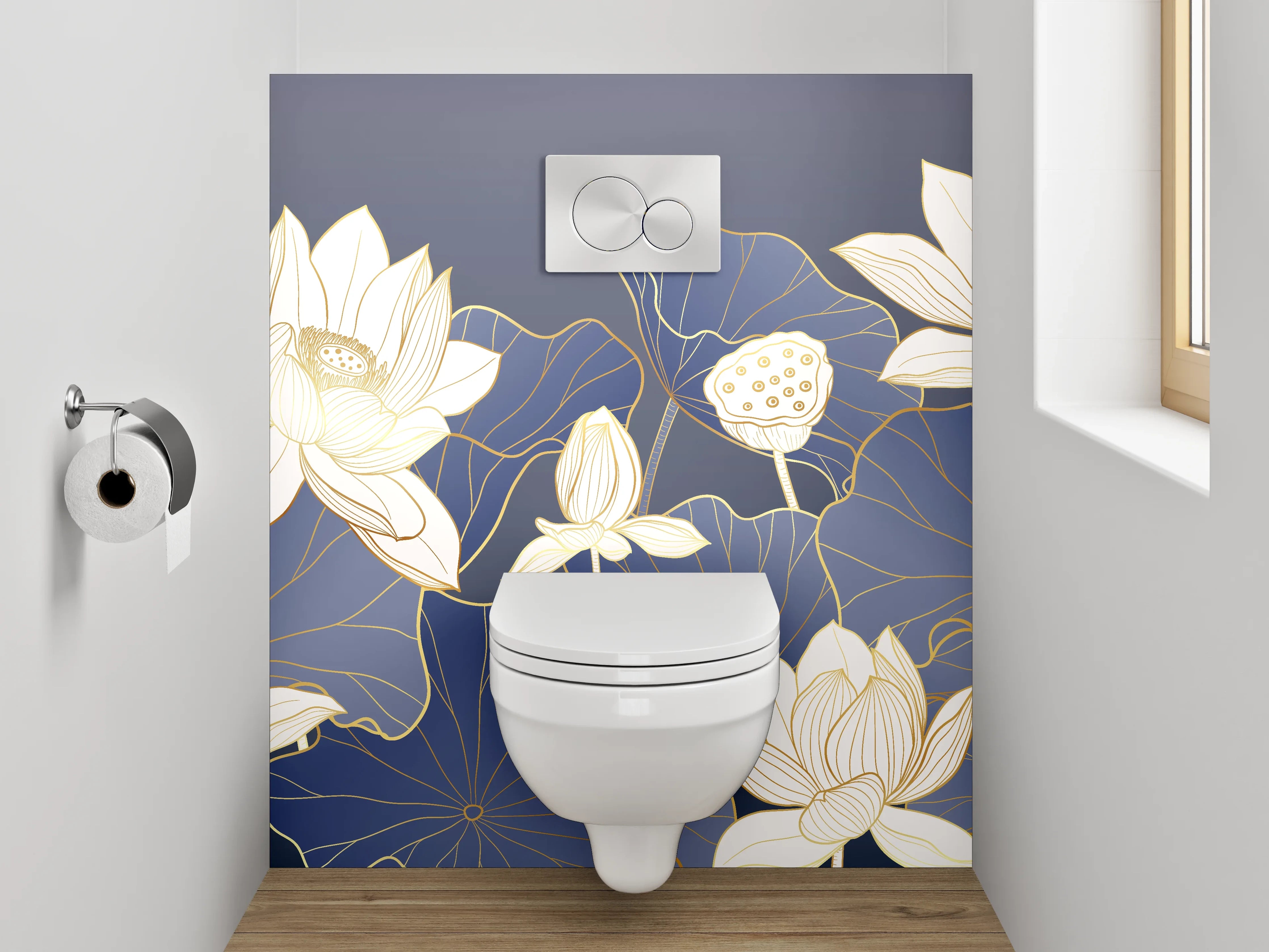 WC-Rückwand - Elegante Lotusblüten auf Mitternachtsblau
