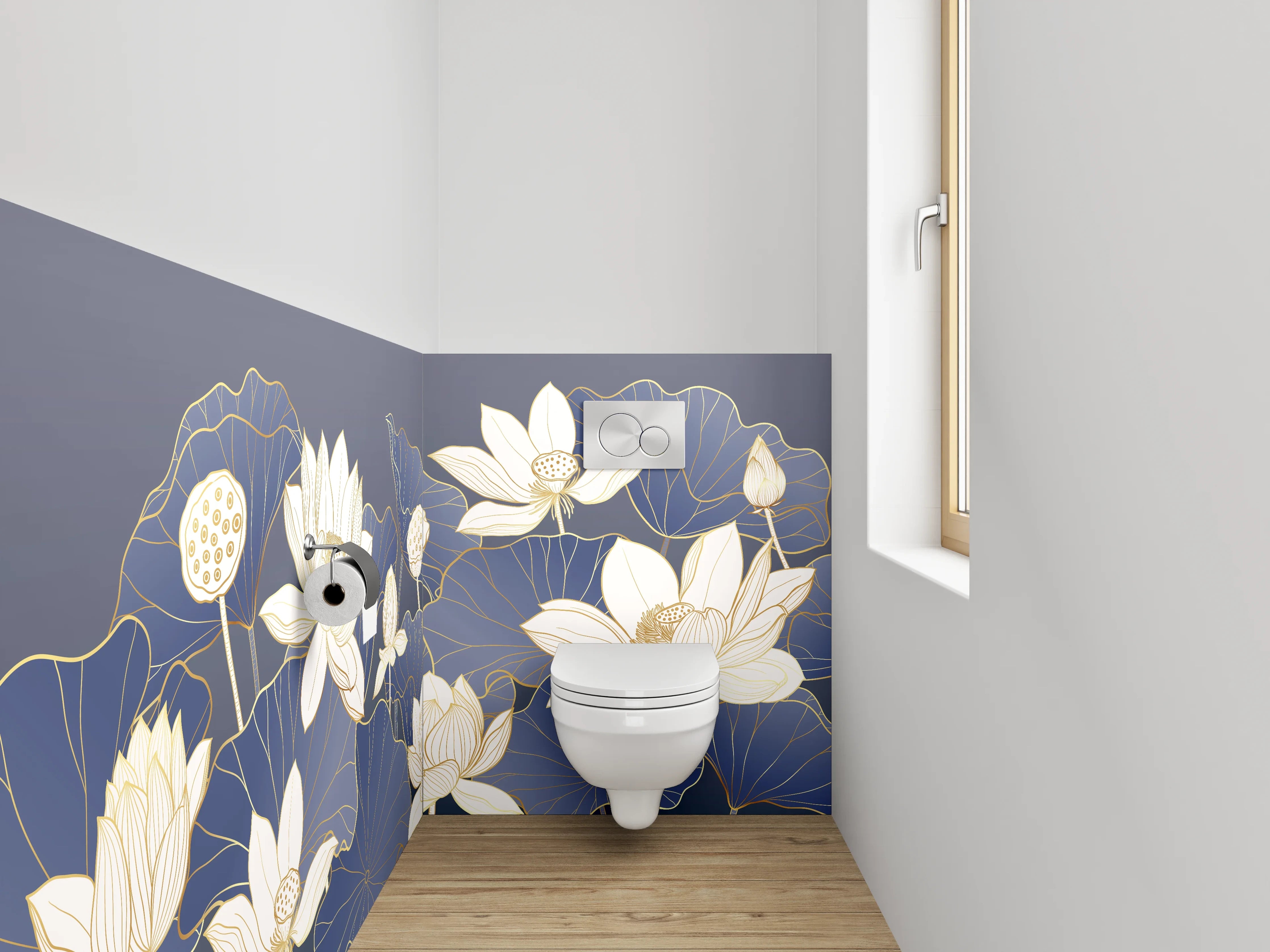 WC-Rückwand - Elegante Lotusblüten auf Mitternachtsblau