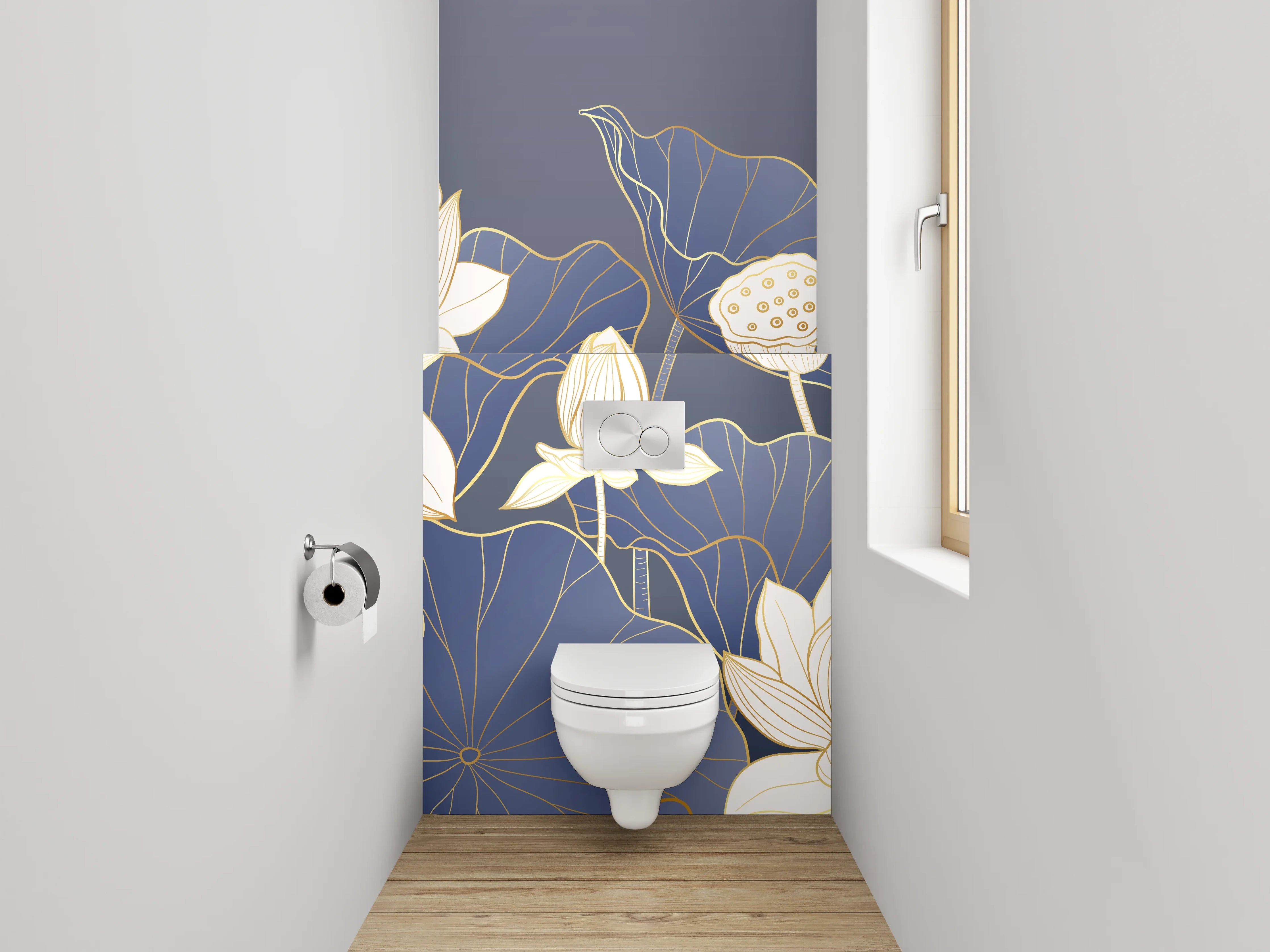 WC-Rückwand - Elegante Lotusblüten auf Mitternachtsblau