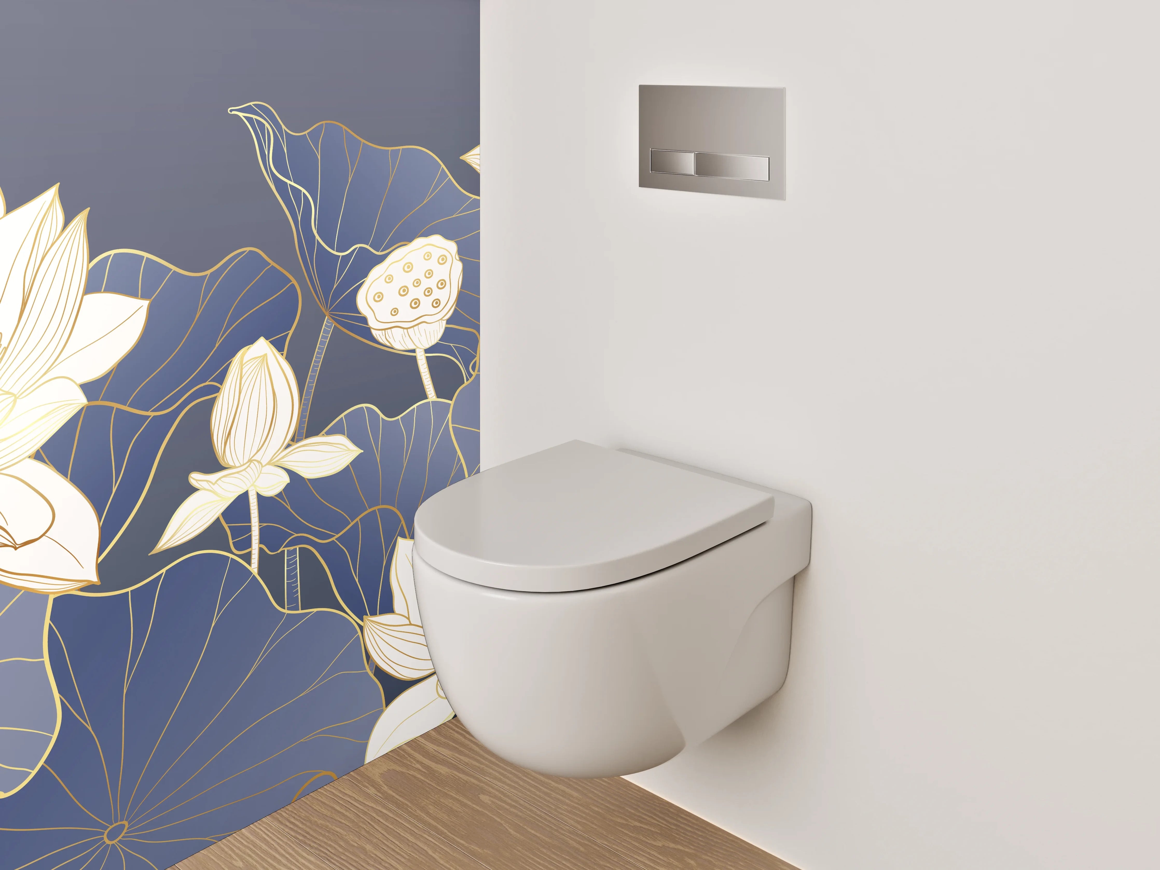 WC-Rückwand - Elegante Lotusblüten auf Mitternachtsblau