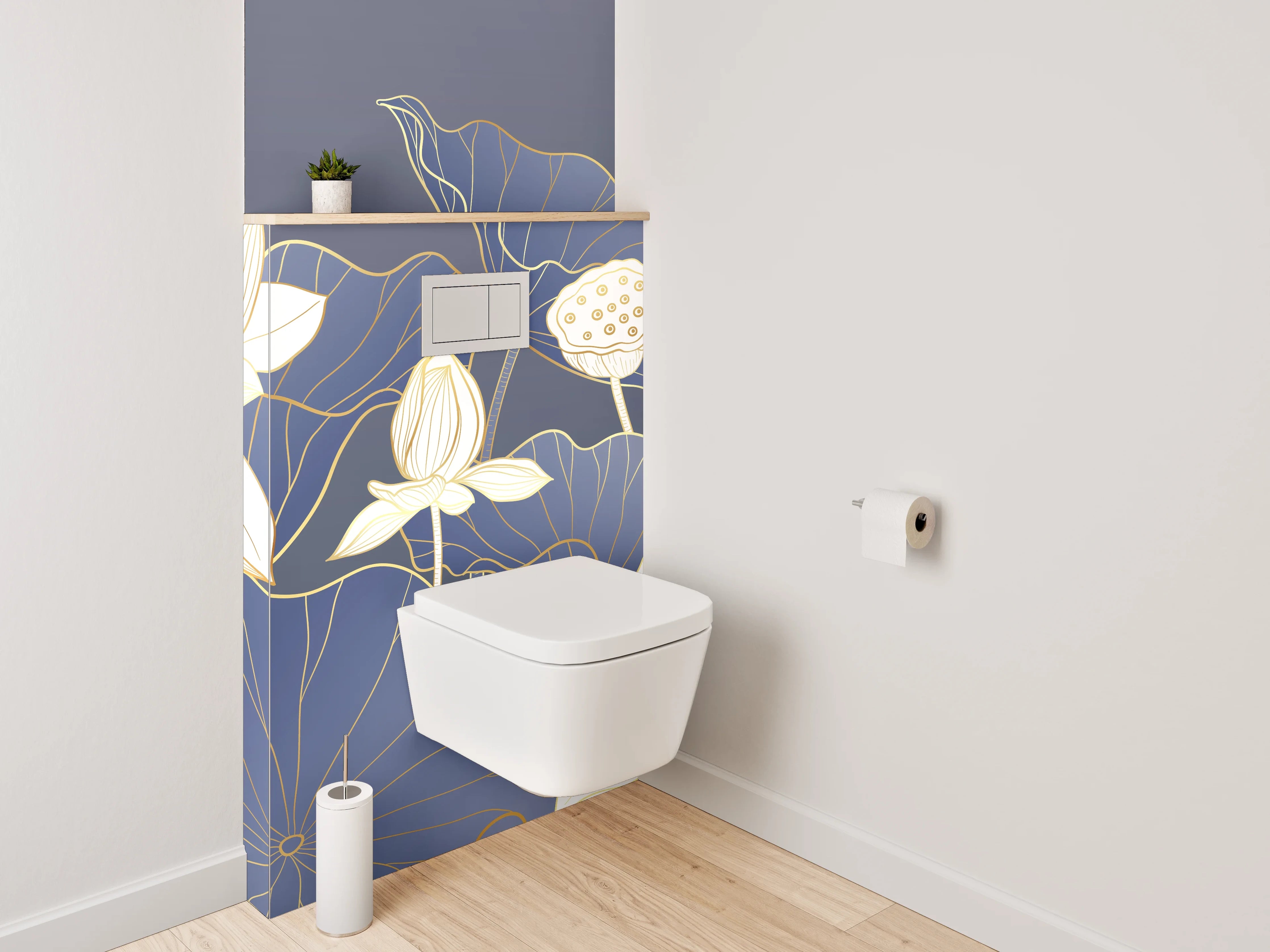 WC-Rückwand - Elegante Lotusblüten auf Mitternachtsblau