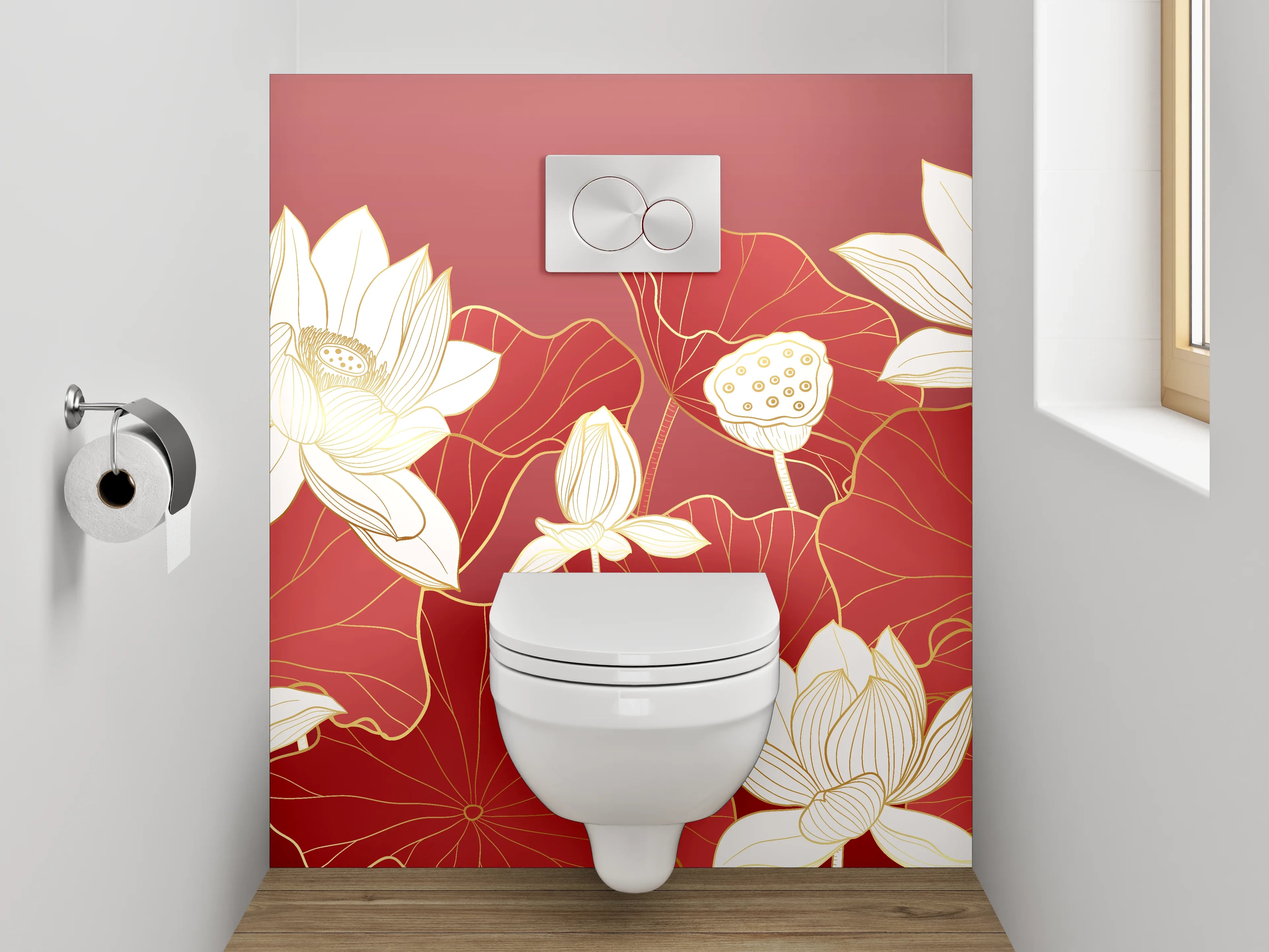 WC-Rückwand - Elegante Lotusblüten auf Rot