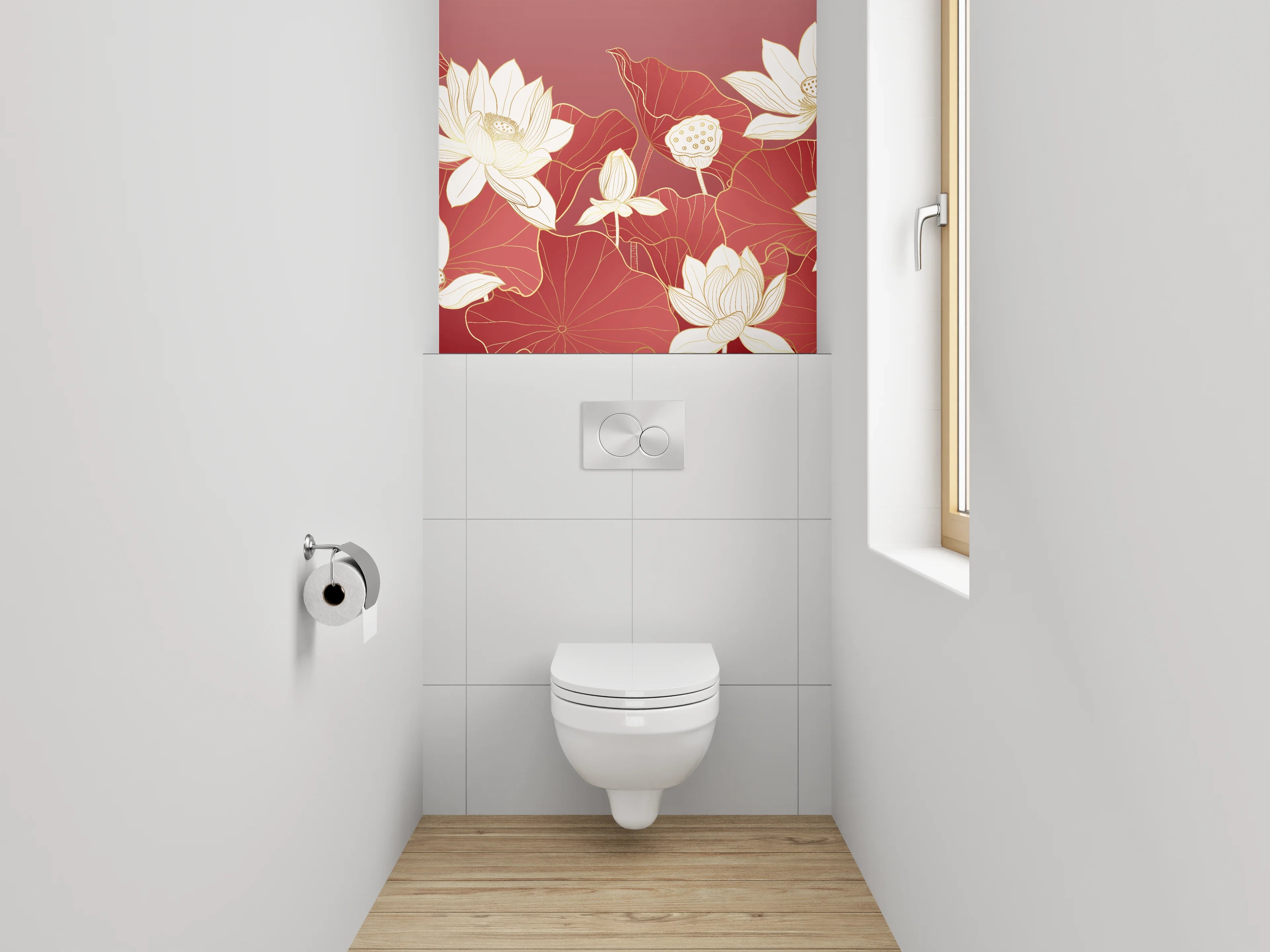 WC-Rückwand - Elegante Lotusblüten auf Rot