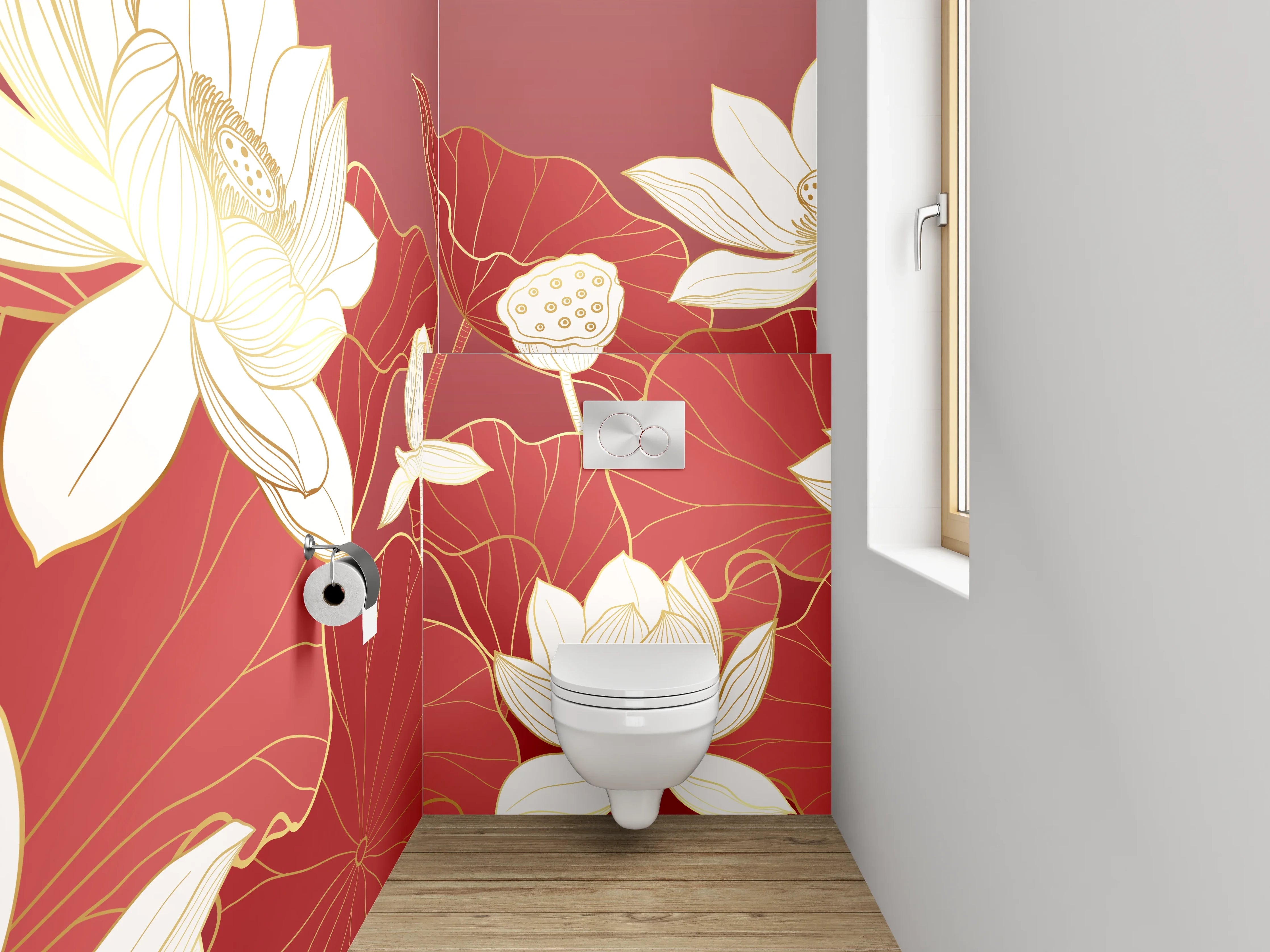 WC-Rückwand - Elegante Lotusblüten auf Rot